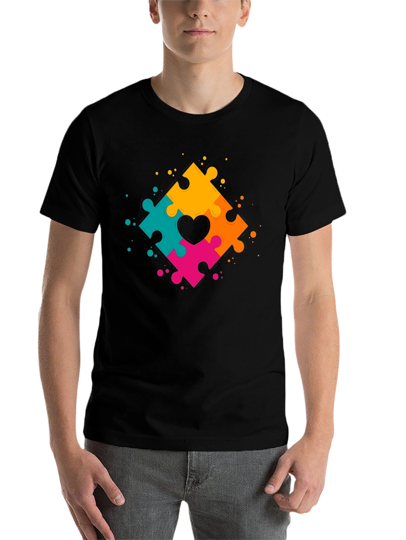 Black Autism Awareness Puzzle Heart T-Shirt view 7