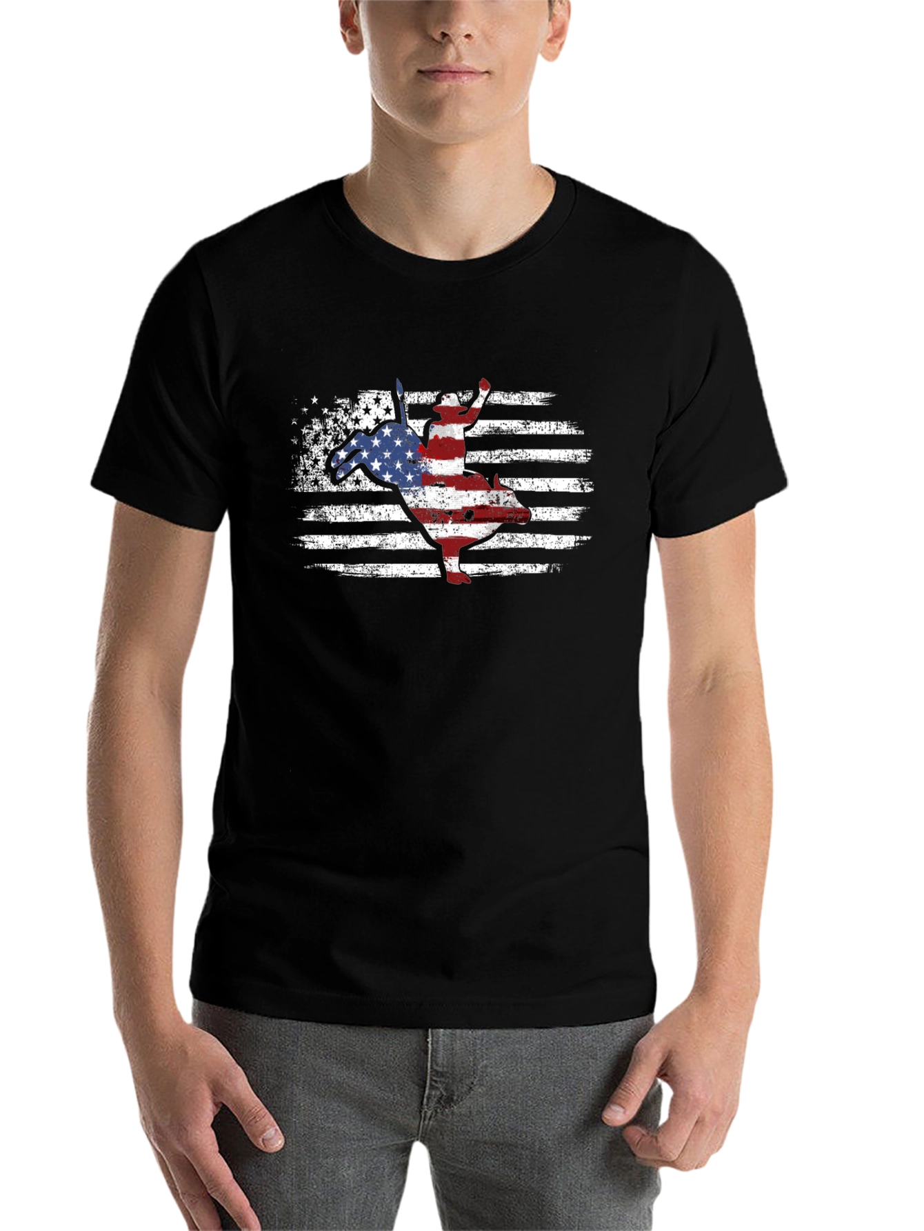 Black American Flag Bull Riding T-Shirt view 7