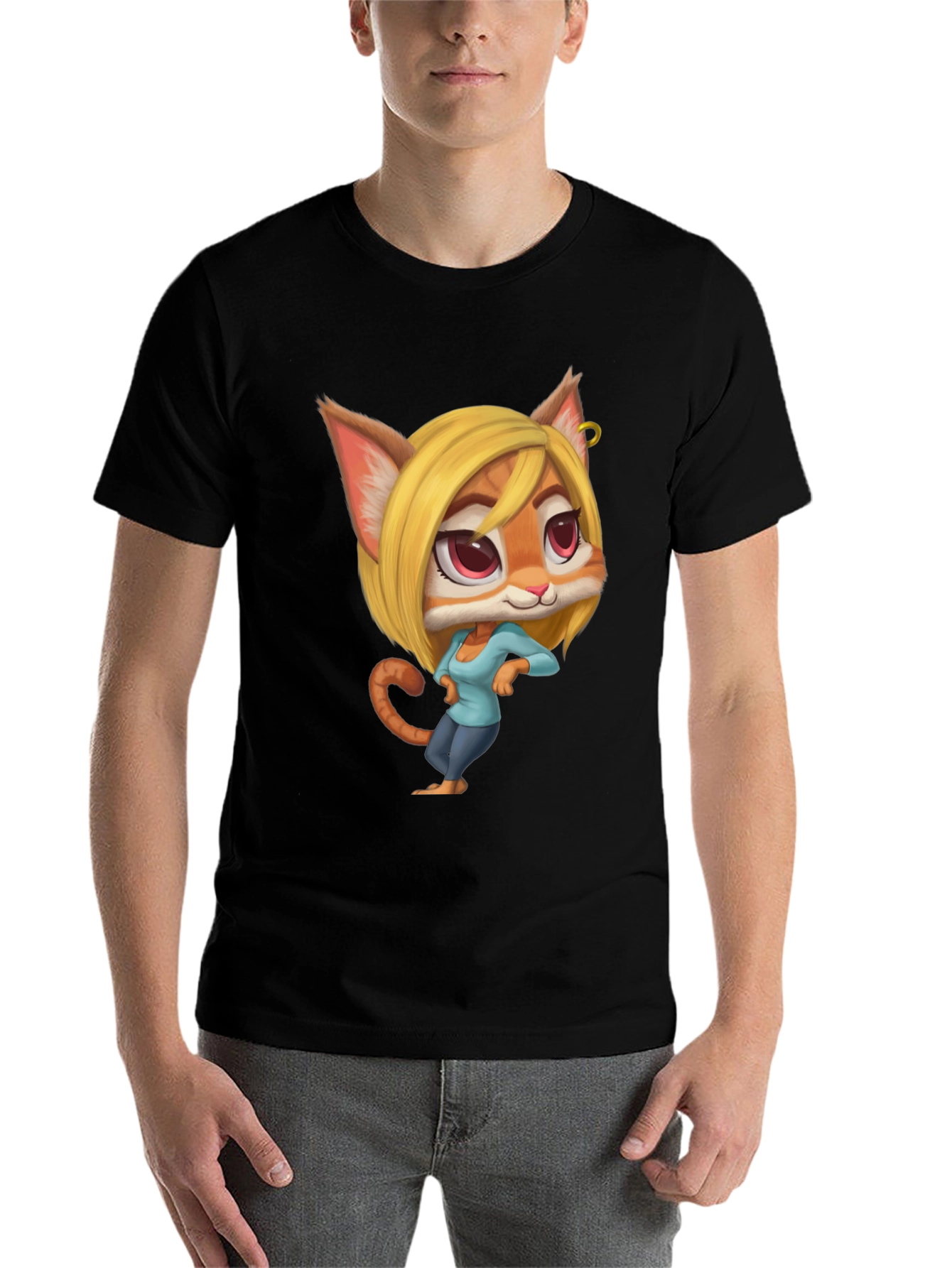 Black Cartoon Cat Girl T-Shirt - Unique Design view 7