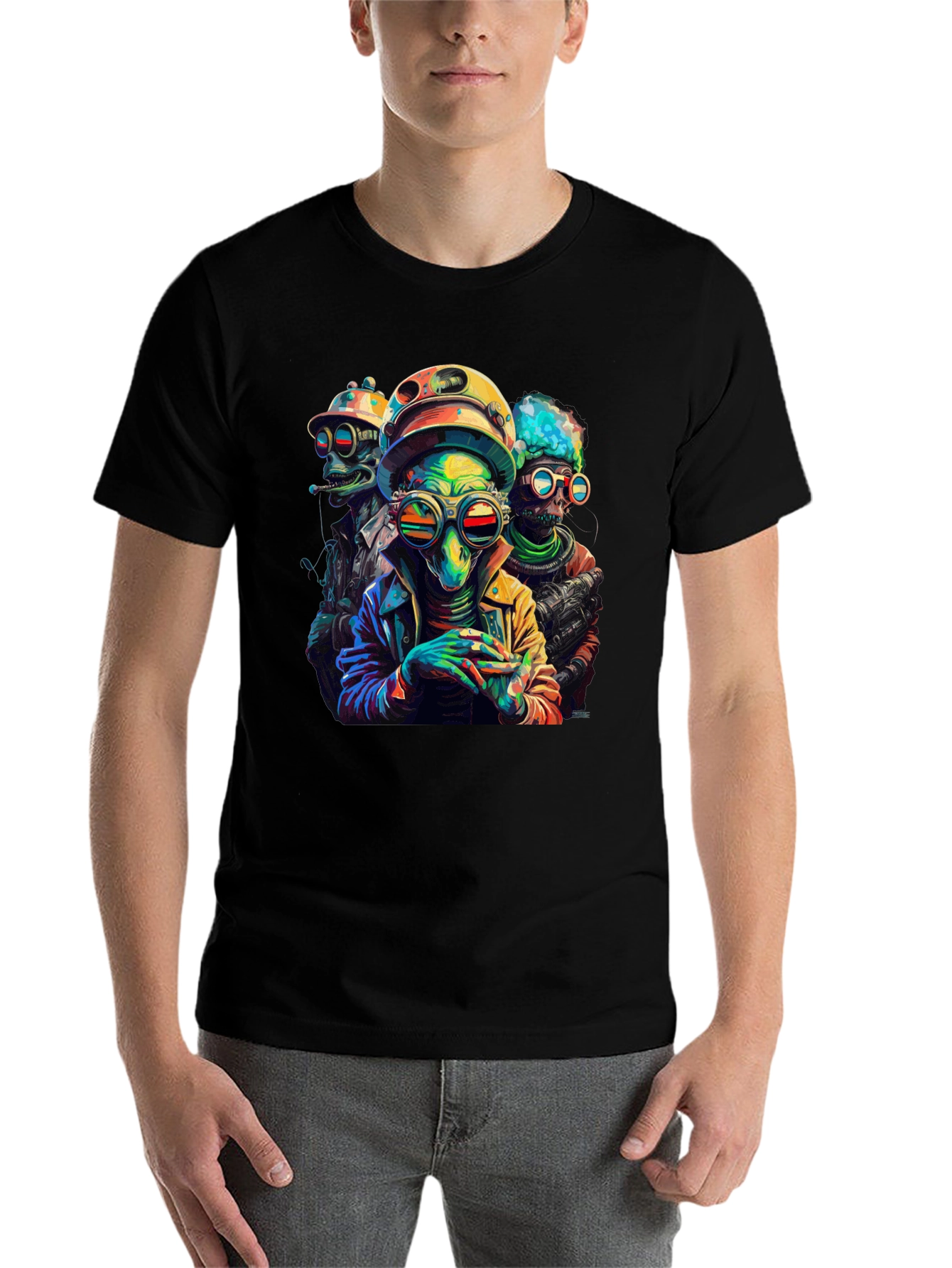 Colorful Alien Crew Graphic Black T-Shirt - 7