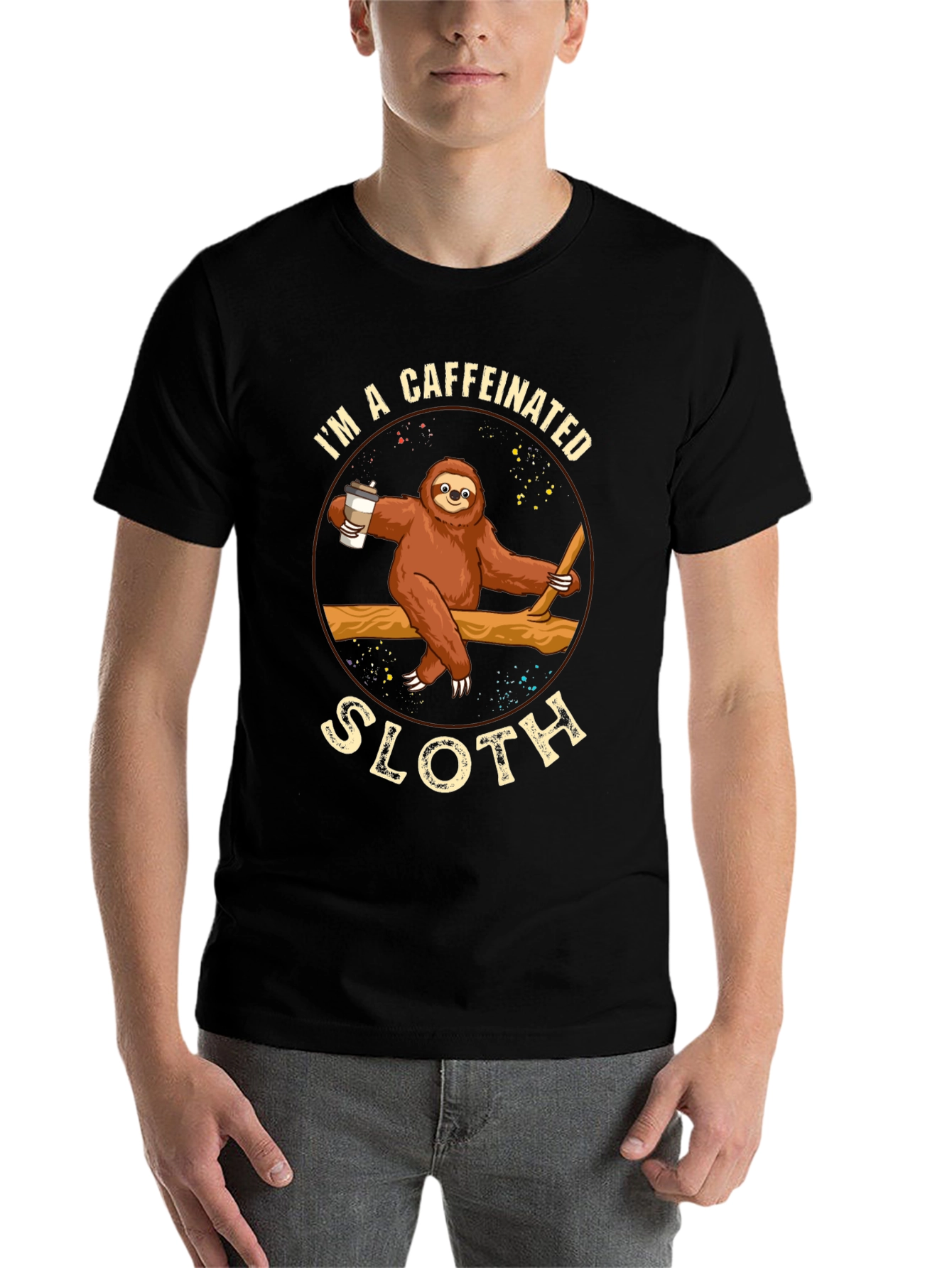 Black Caffeinated Sloth Graphic T-Shirt - Unisex view 7