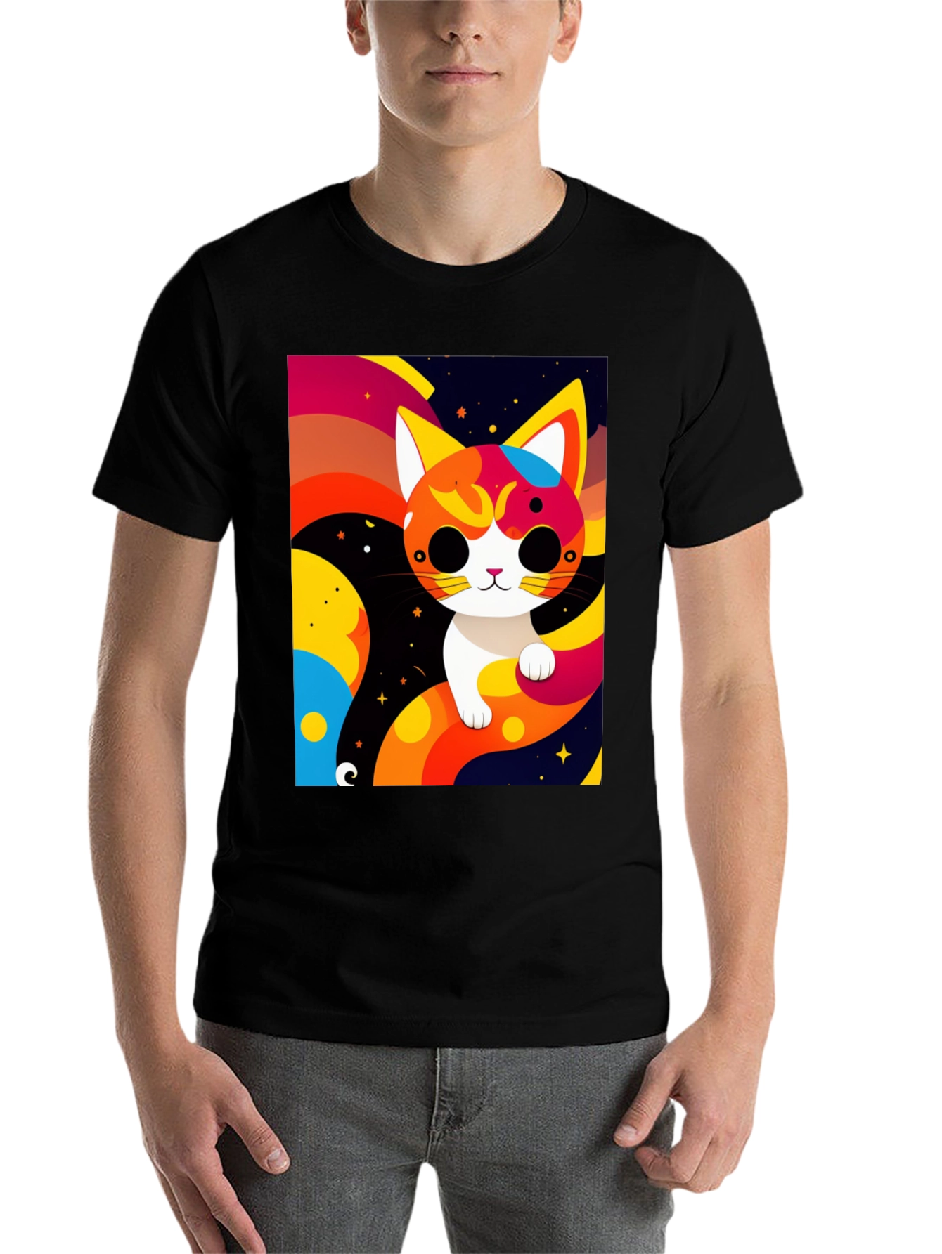 Black Cartoon Cat Graphic Tee - Modern Artistic Design view 7