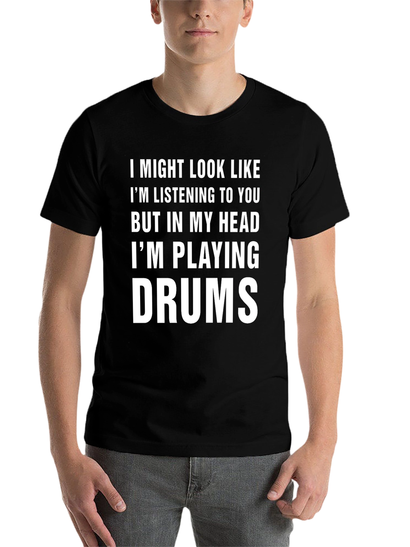 Black Funny Drummer T-Shirt - "I'm Playing Drums" view 7
