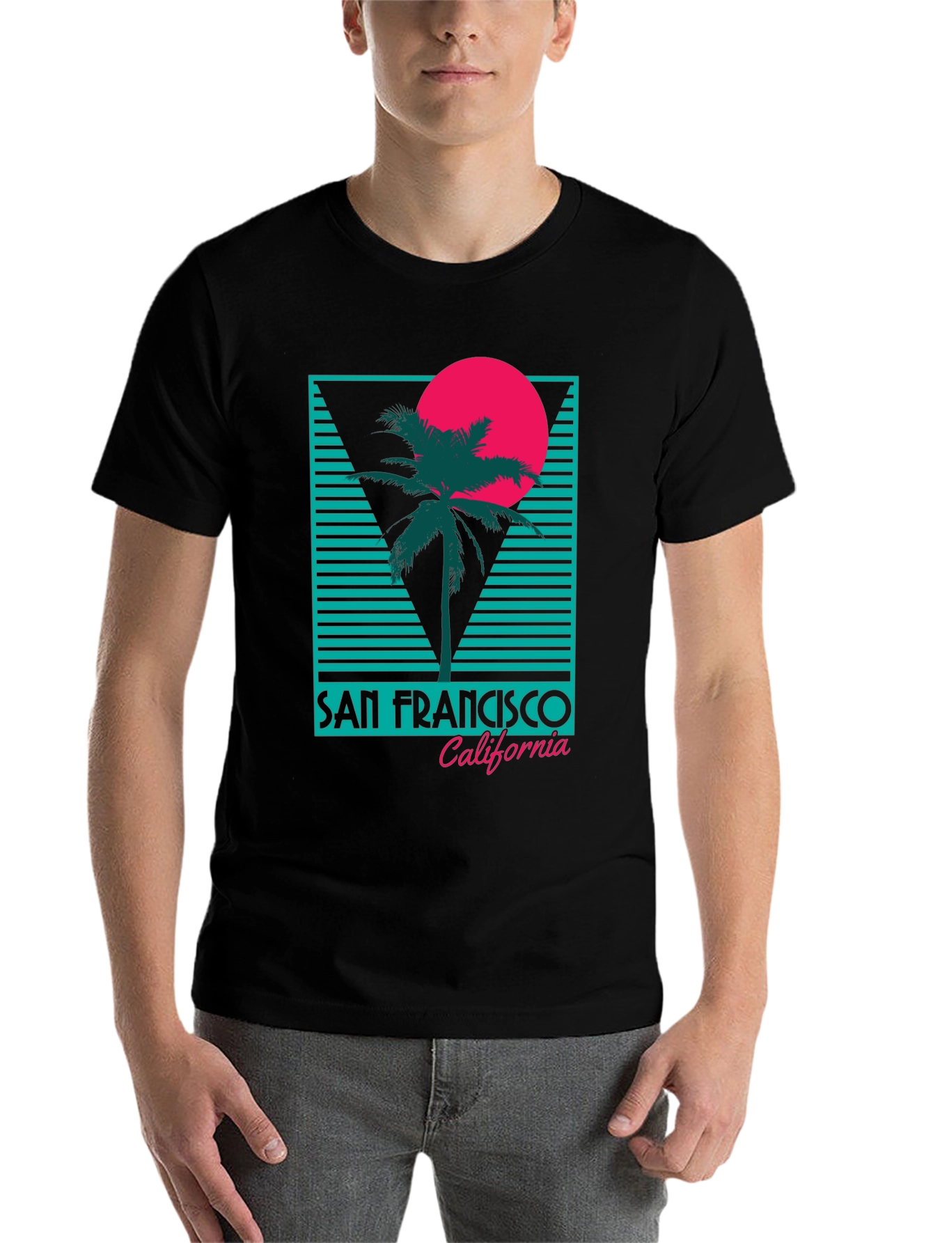 Black Retro San Francisco T-Shirt Palm Tree Sunset Design view 7