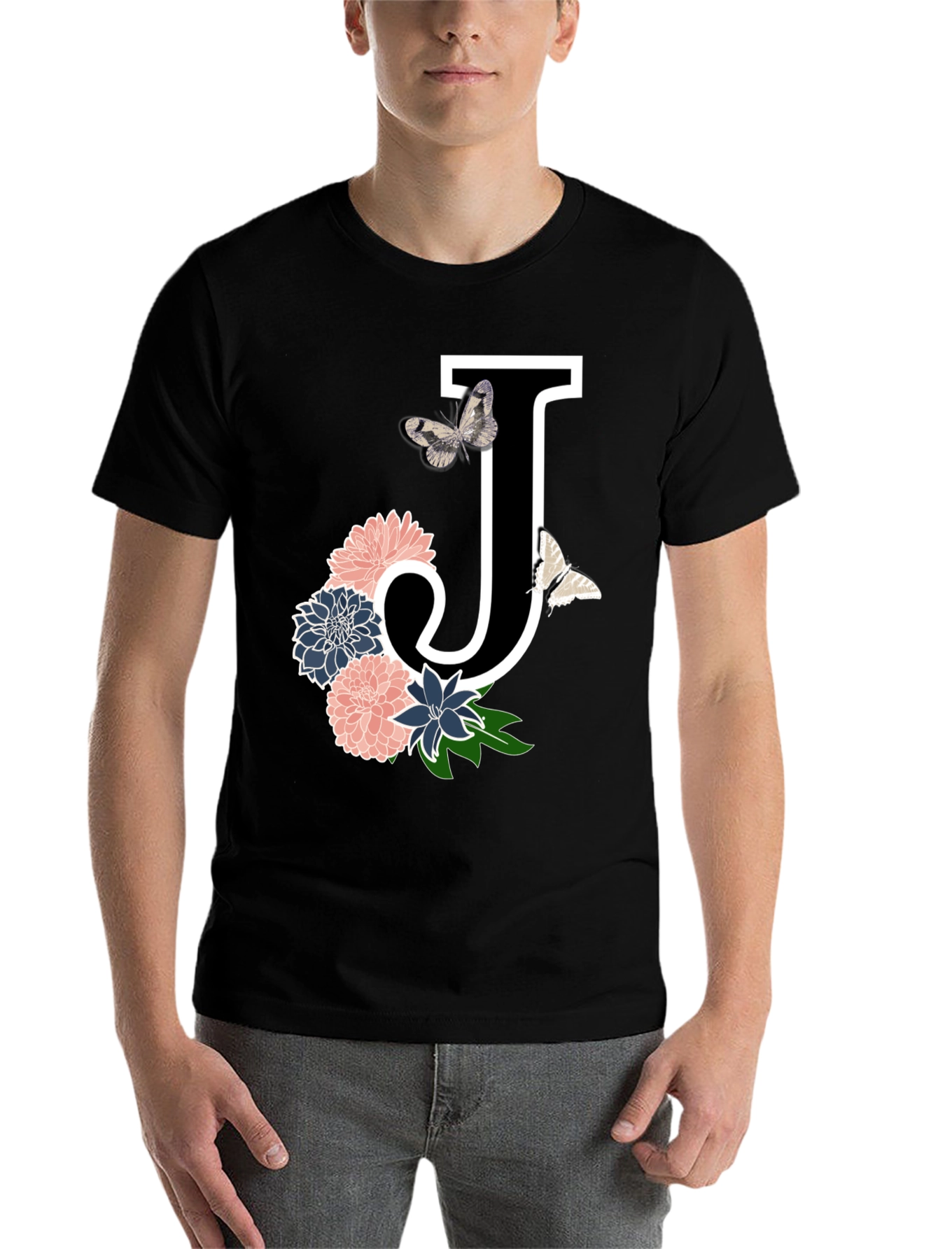 Black Floral Letter J T-Shirt view 7