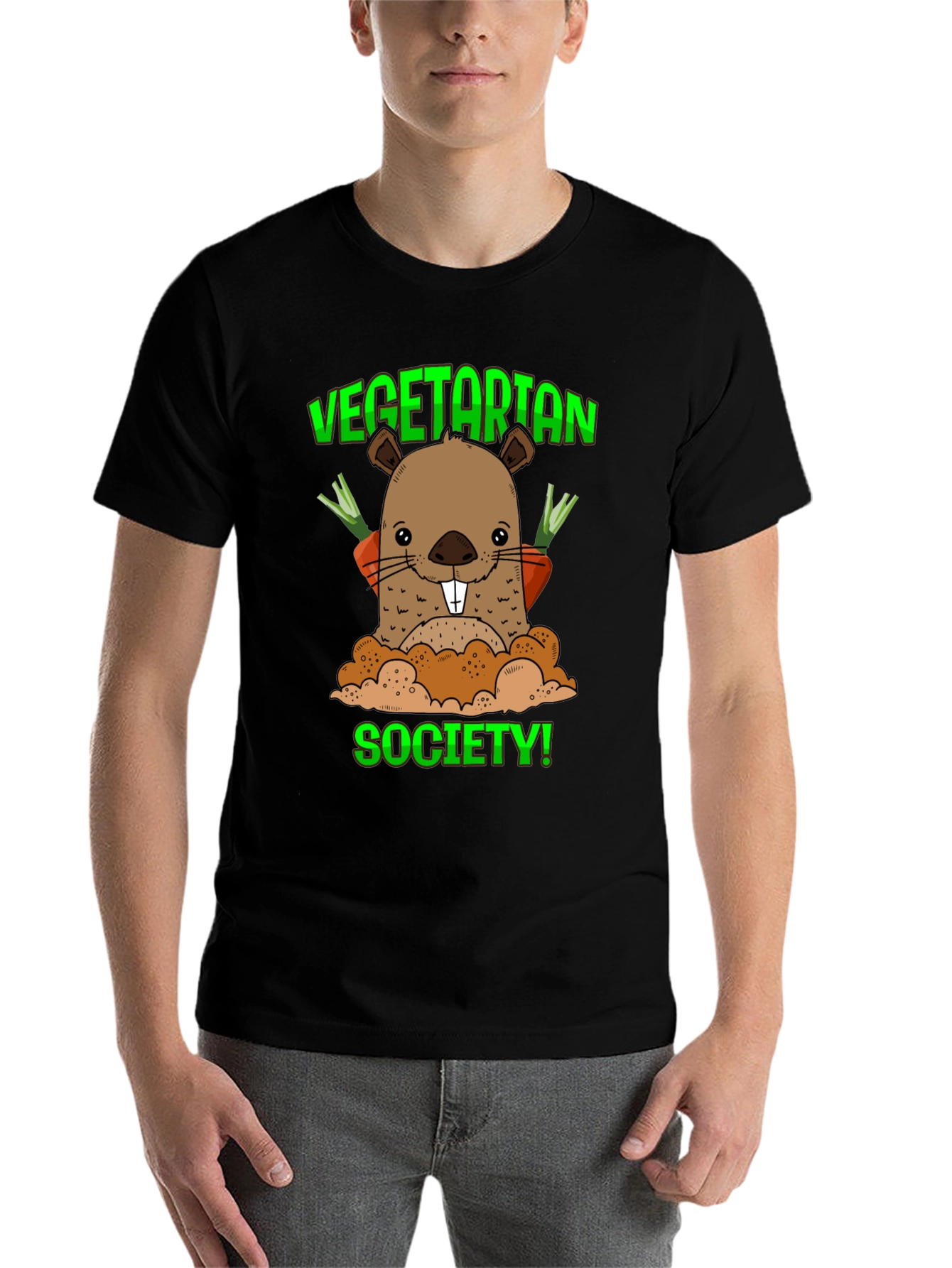 Black Vegetarian Society T-Shirt with Groundhog Graphic view 7