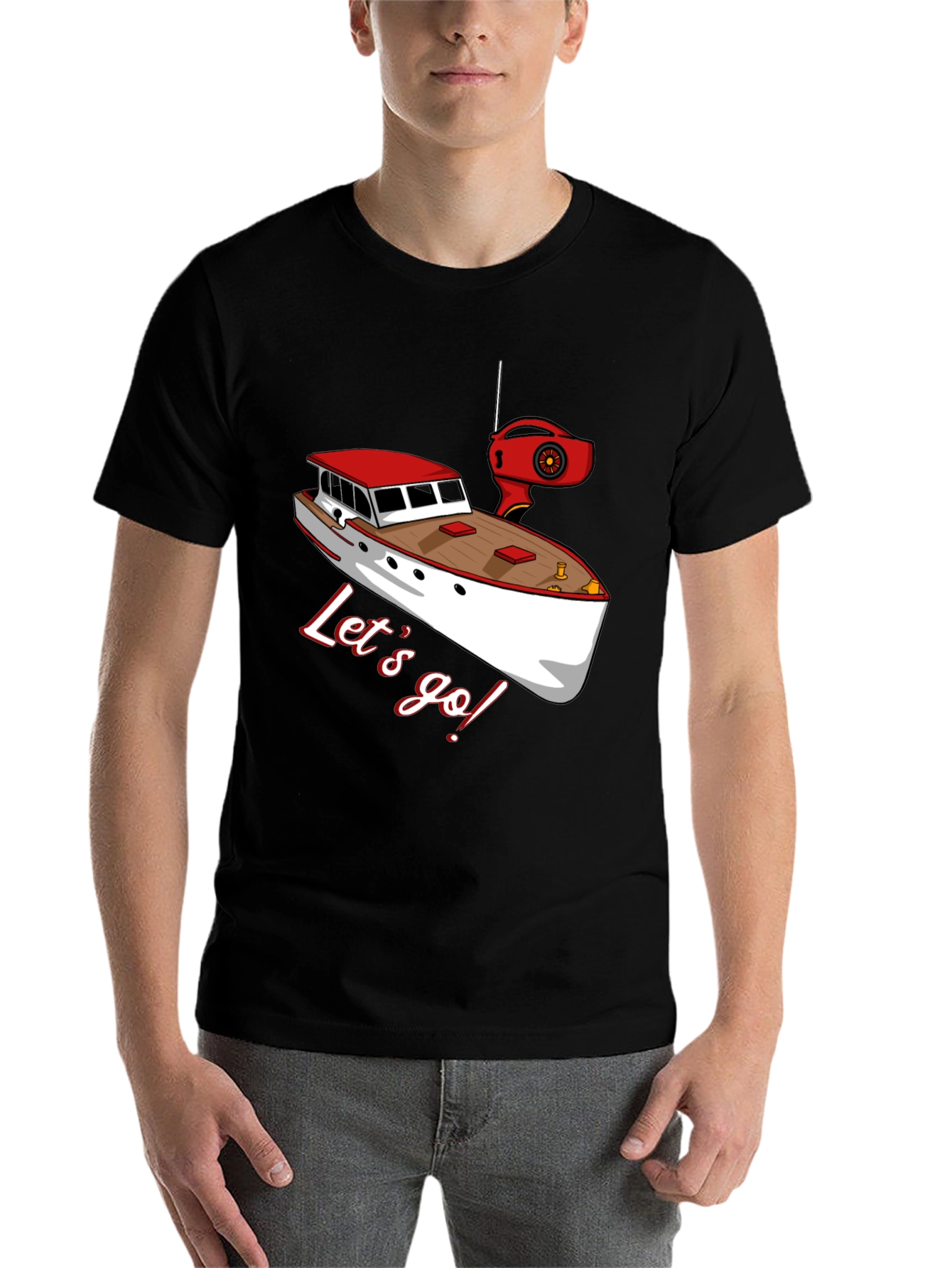 Black Let's Go Boating T-Shirt: Red & White Boat Graphic view 7
