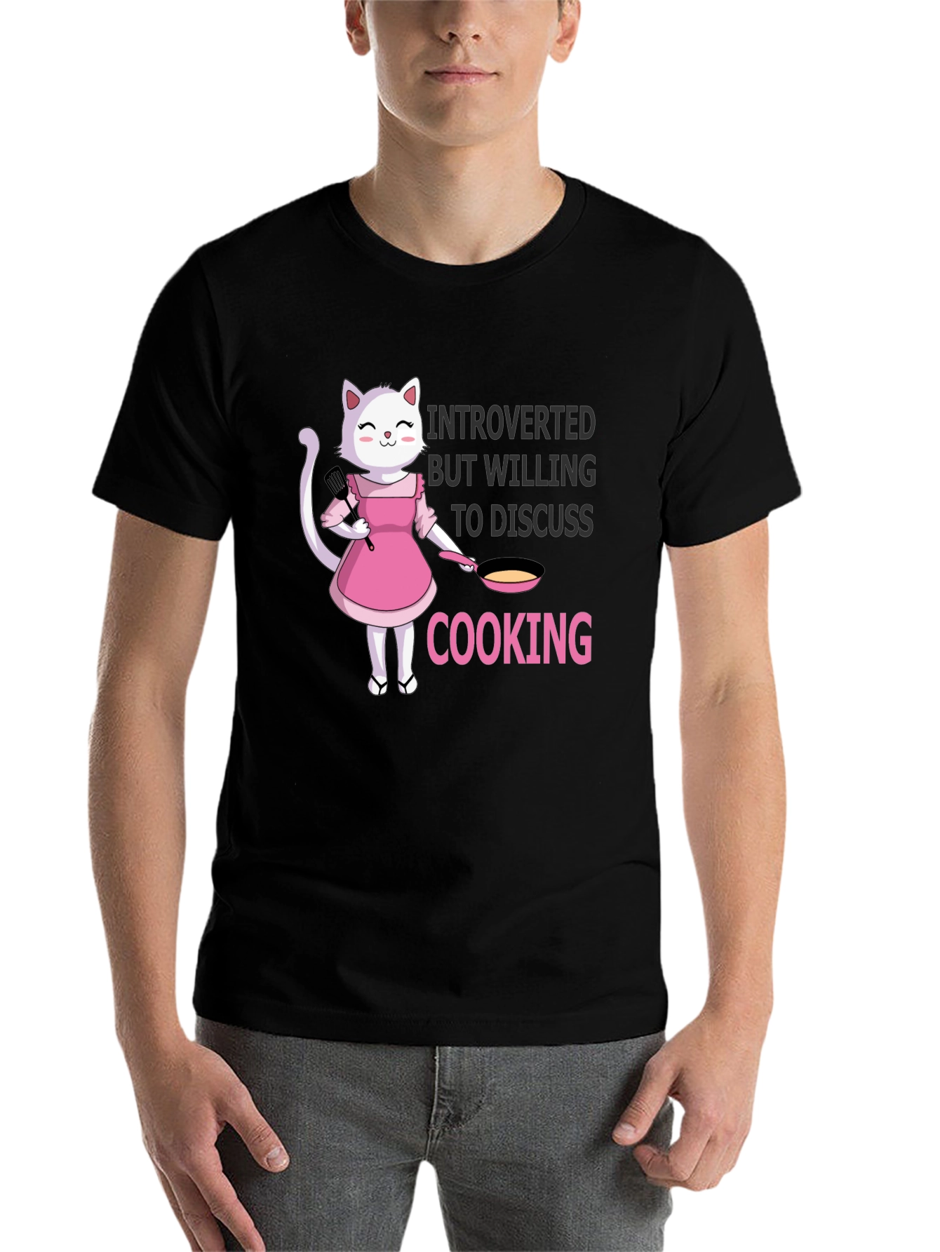 Black Introverted Cooking Cat T-Shirt view 7