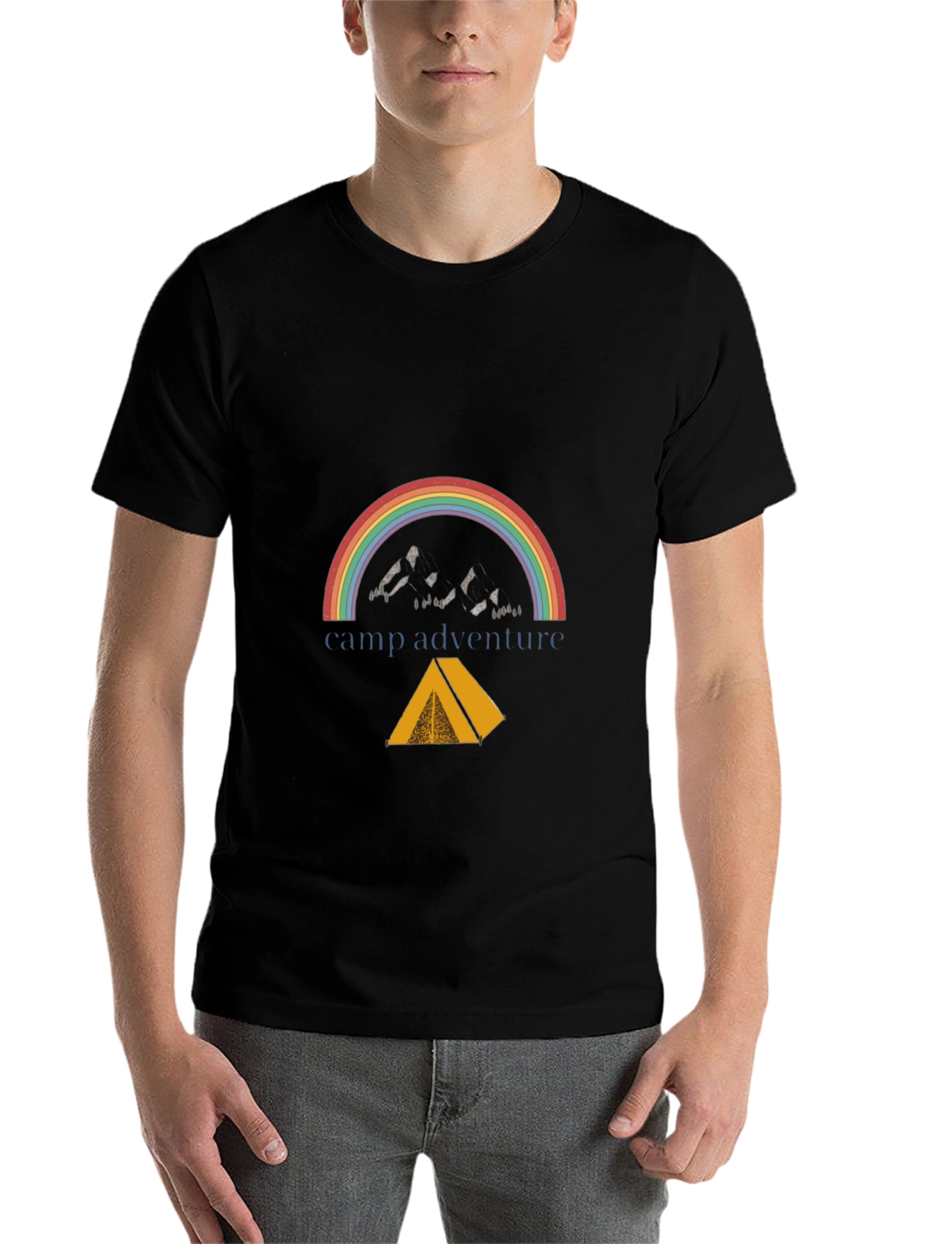 Black Camp Adventure Black T-Shirt, Rainbow Mountain Tent Design view 7