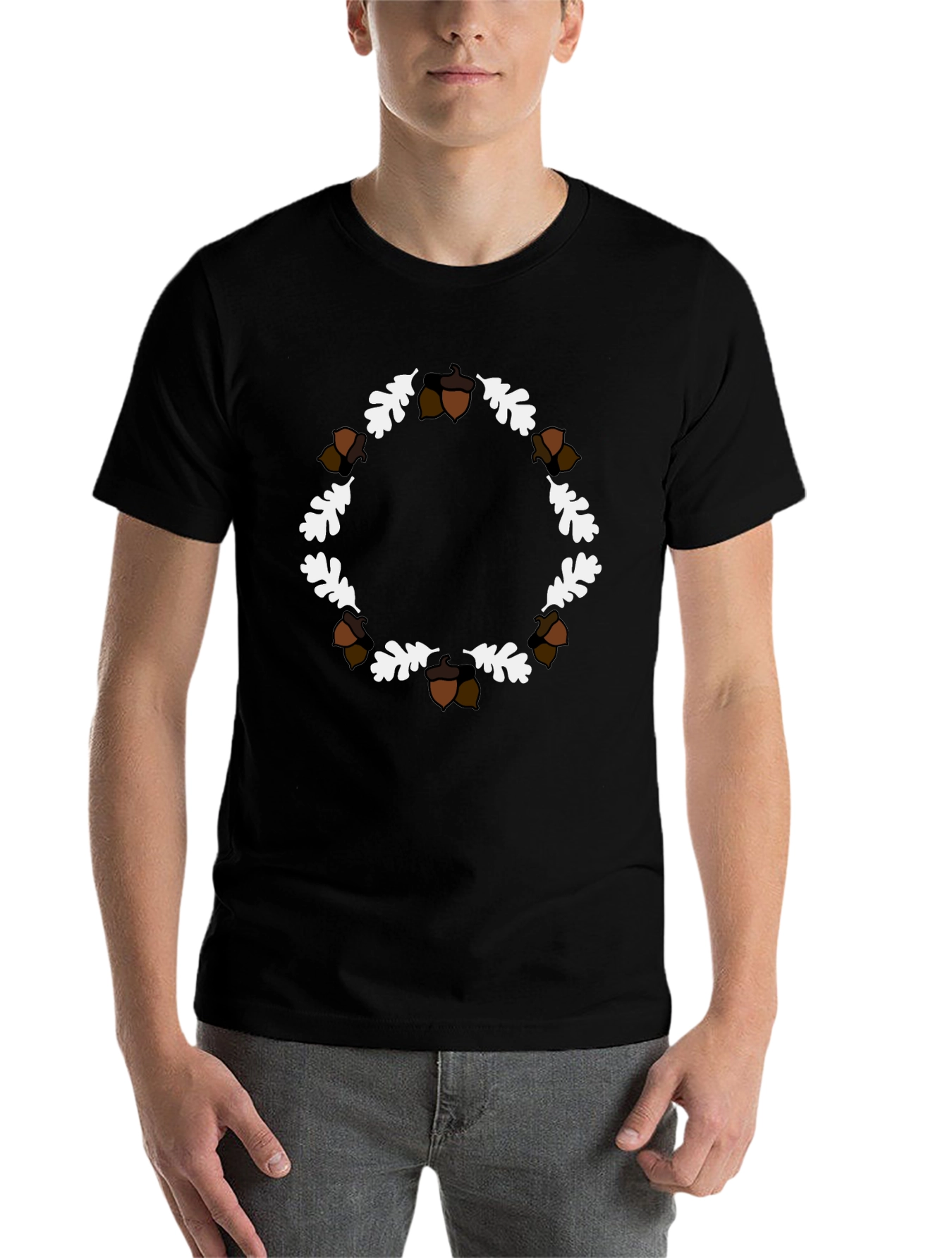 Black Autumn Acorn & Oak Leaf Wreath T-Shirt view 7