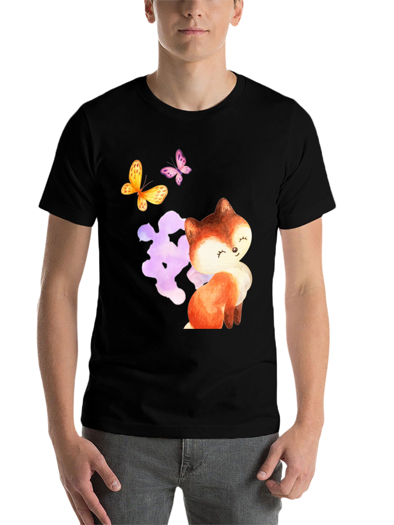 Black Cute Fox & Butterfly Graphic Tee - Stylish Comfort view 7