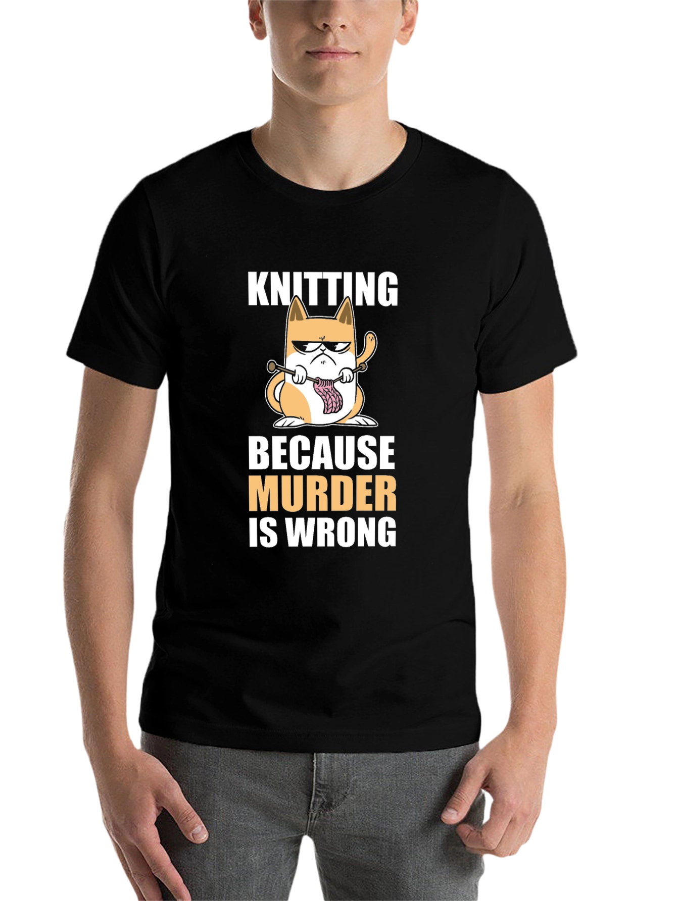 Black Knitting Cat T-Shirt - Because Murder Is Wrong Funny Tee view 7