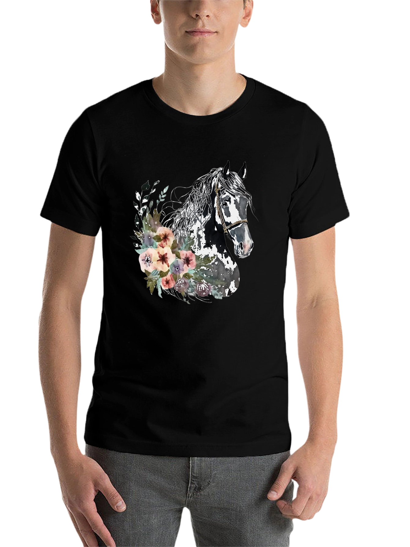 Black Floral Horse Graphic Tee - Unisex Black T-Shirt view 7
