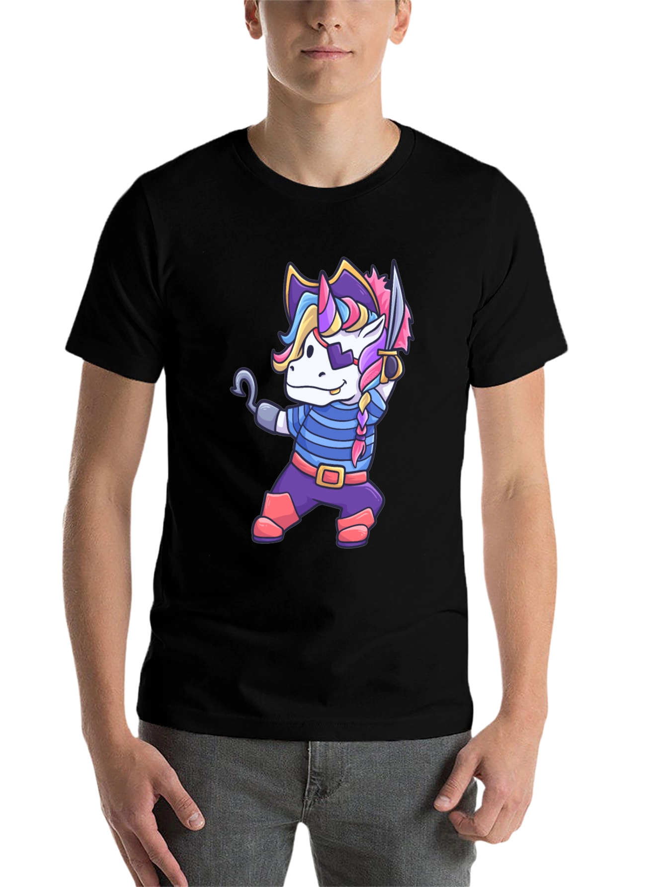 Black Unicorn Pirate T-Shirt - Cartoon Graphic Tee view 7
