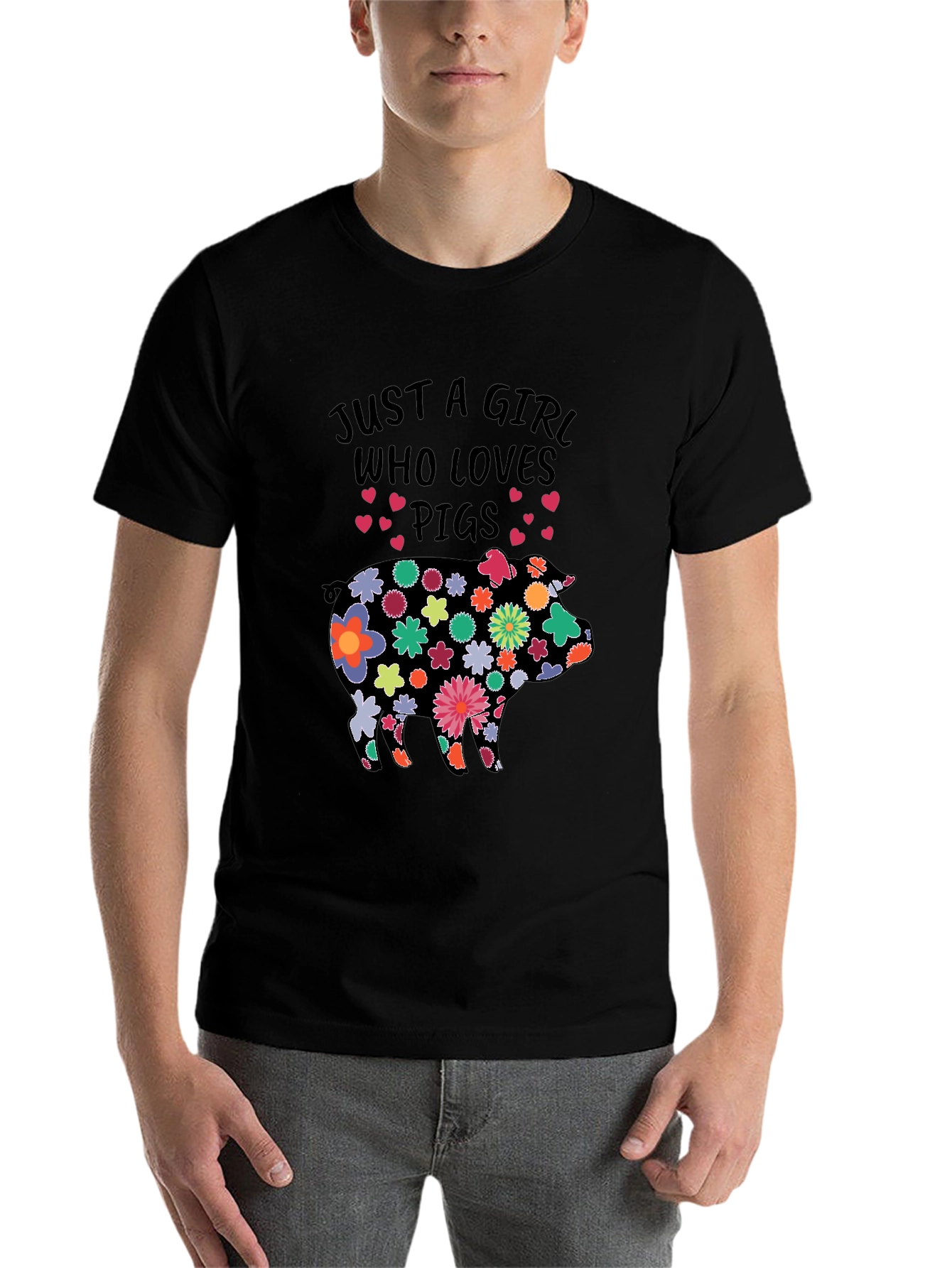 Black Floral Pig T-Shirt - Just a Girl Who Loves Pigs! view 7
