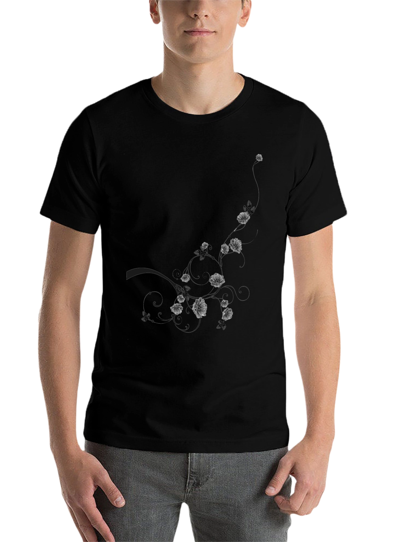 Black Men's Black Floral Graphic T-Shirt view 7