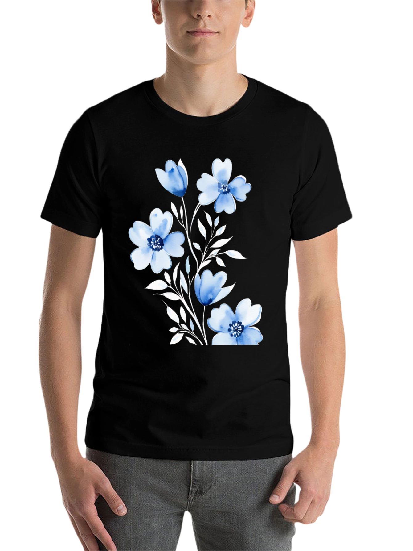 Black Floral Print Black T-Shirt for Men view 7