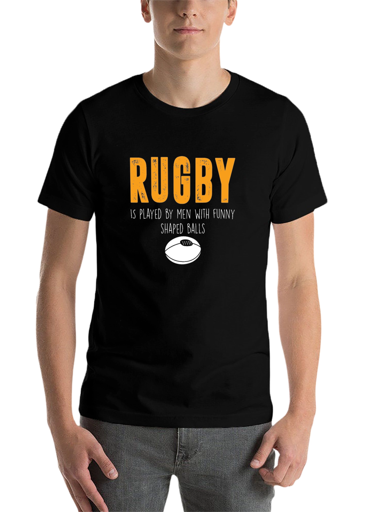 Black Funny Rugby Graphic Tee - "Shaped Balls" Humor T-Shirt view 7