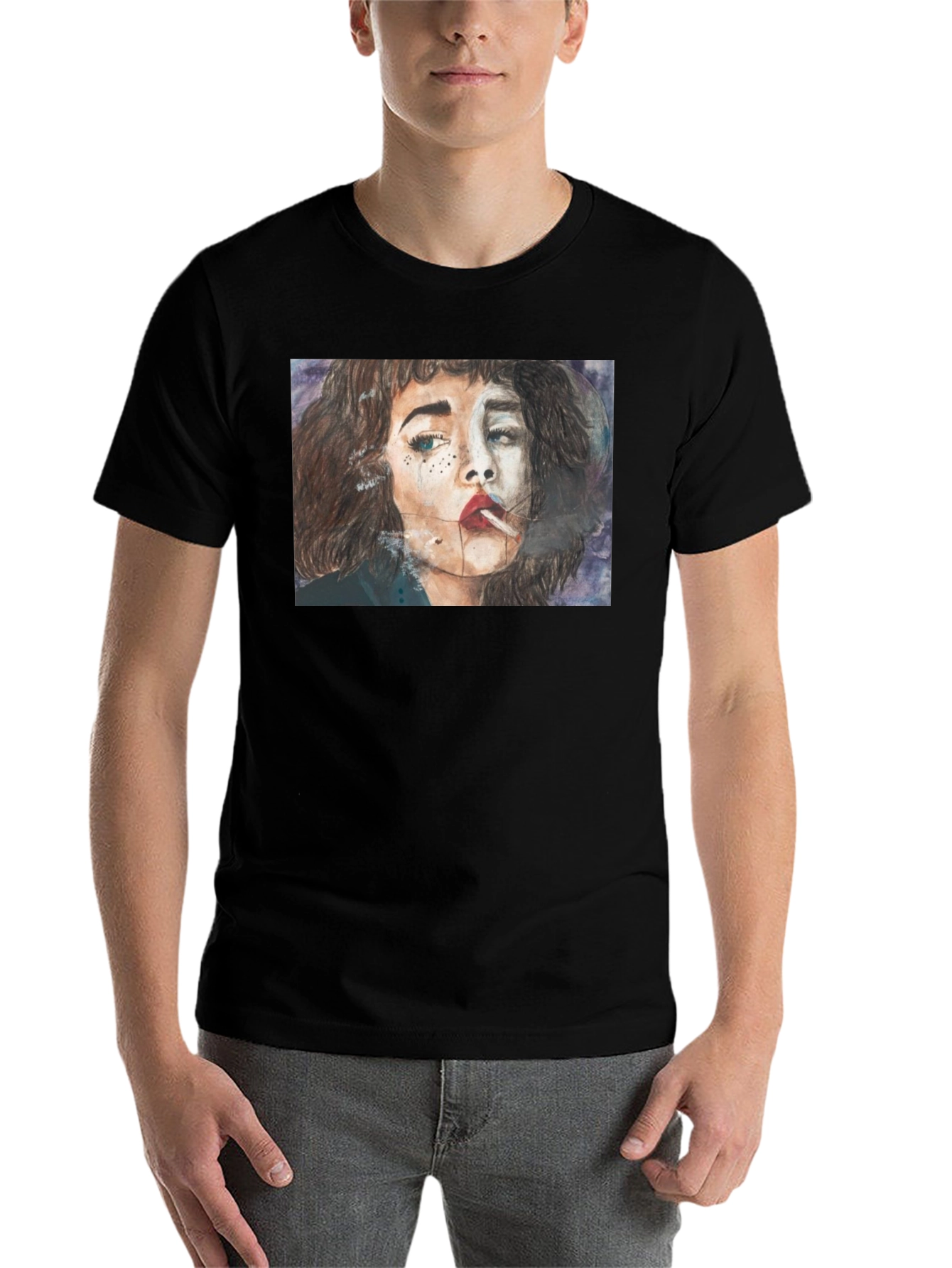 Black Smoking Woman Graphic Tee - Unisex Black T-Shirt view 7