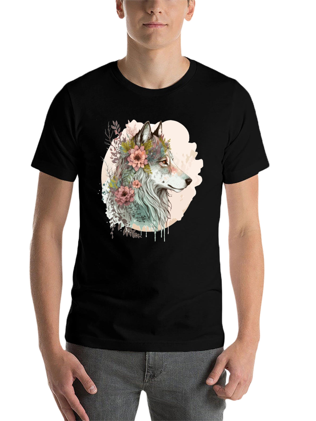 Black Wolf and Floral Graphic Tee - Stylish Men's Black T-Shirt view 7