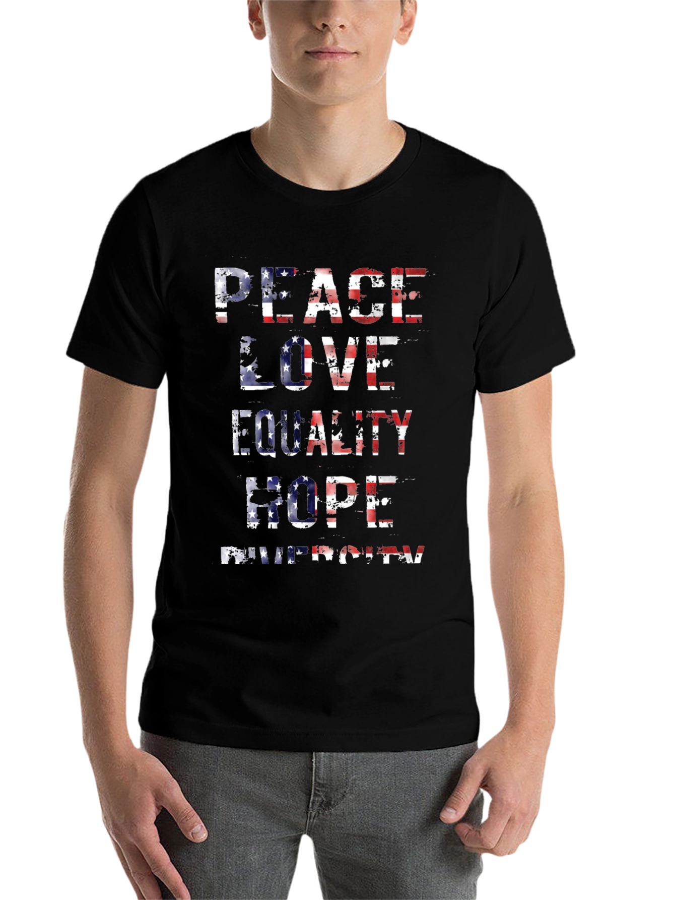 Black Peace Love Equality American Flag T-Shirt view 7