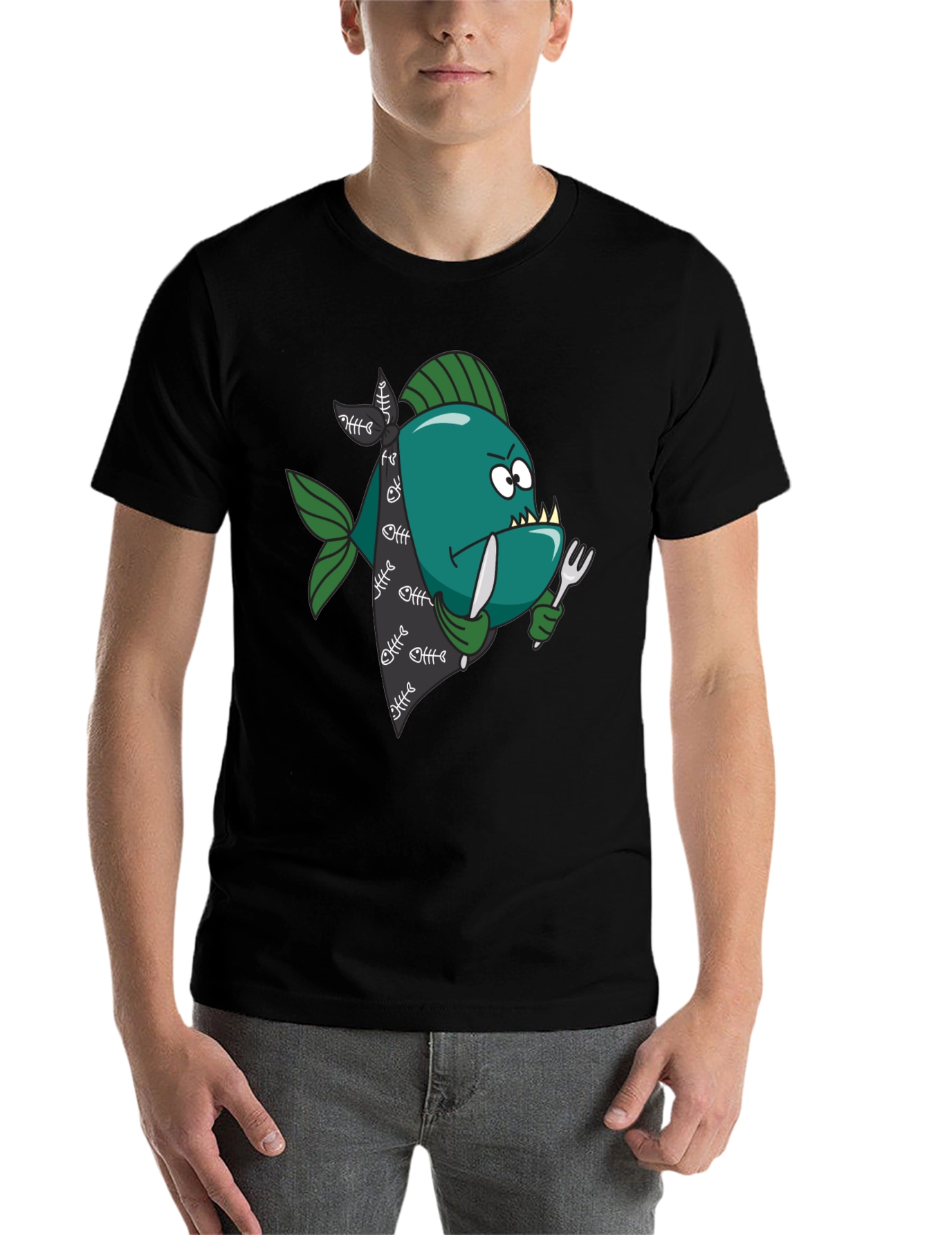 Black Cartoon Piranha T-Shirt - Graphic Print view 7