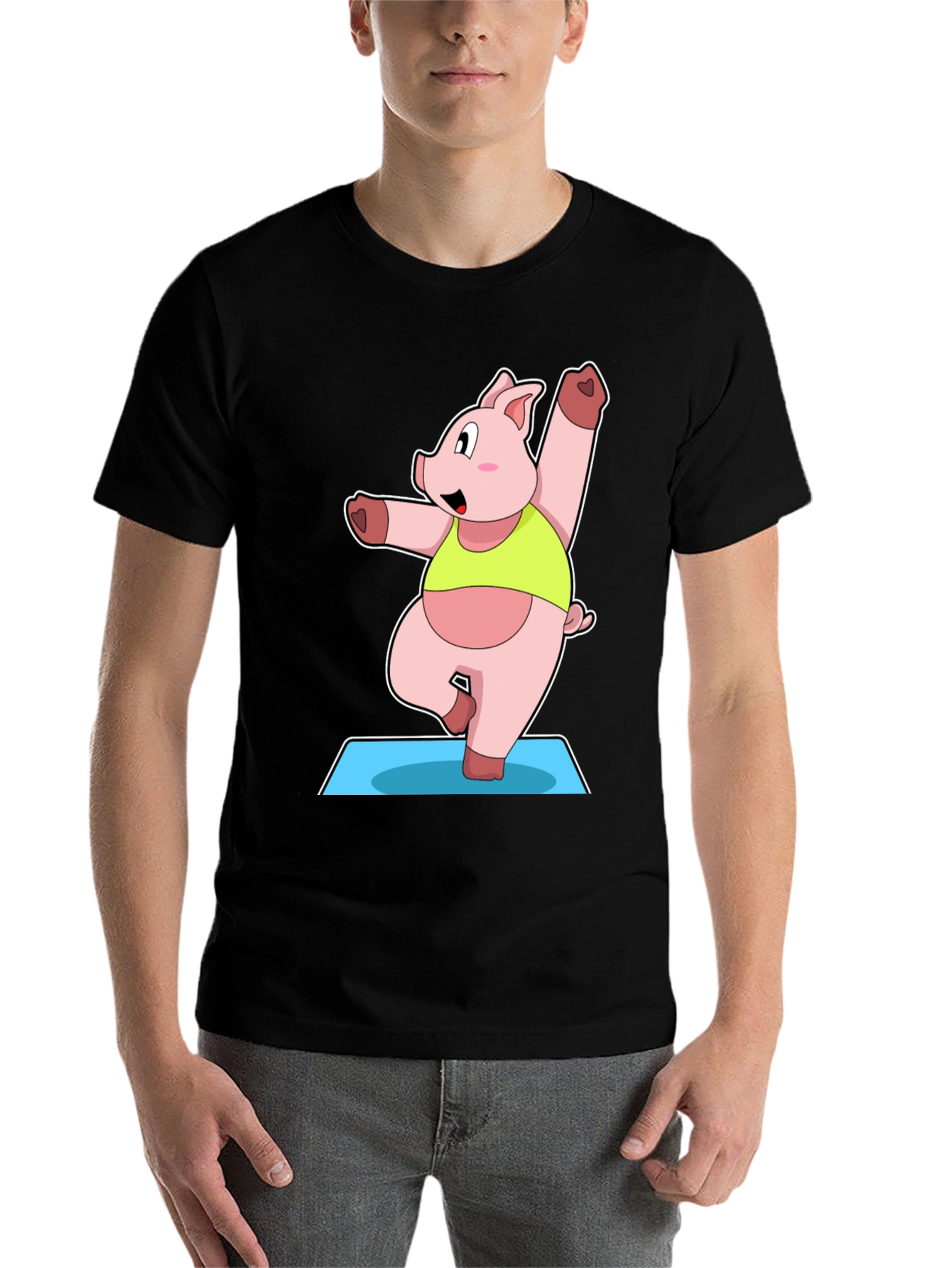 Black Yoga Pig Black T-Shirt - Funny Cartoon Animal Tee view 7