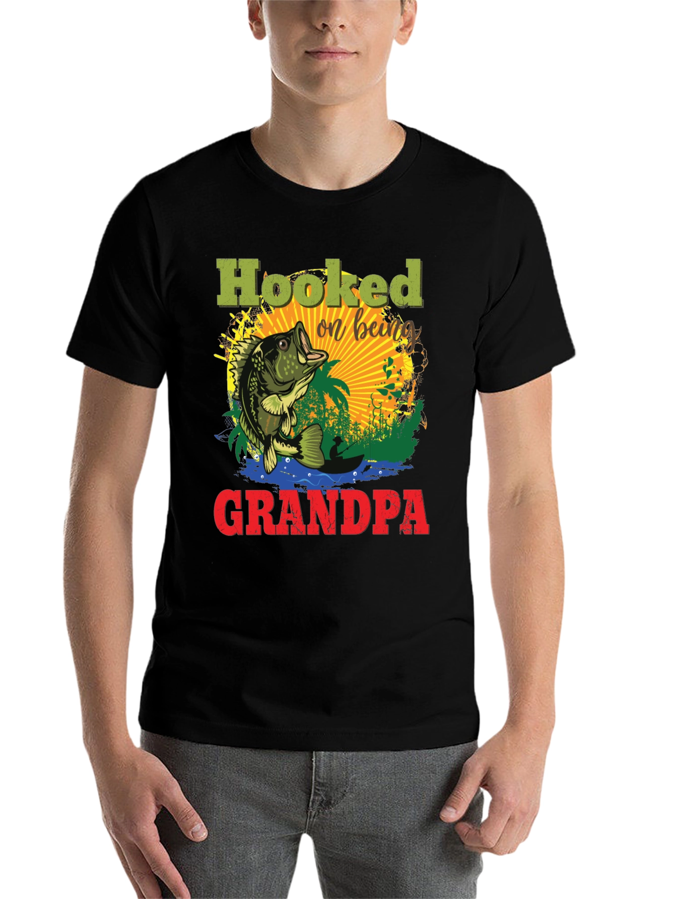 Black Hooked on Being Grandpa Fishing T-Shirt view 7