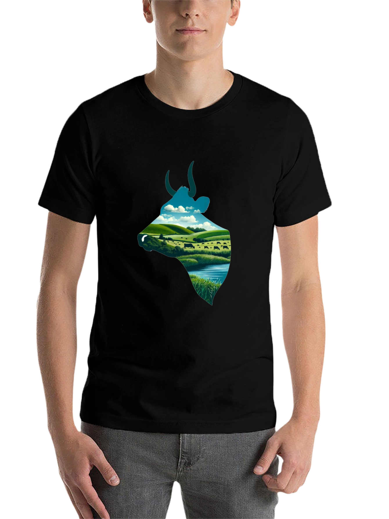 Black Cow Landscape Graphic Tee - Unique Men's Shirt view 7