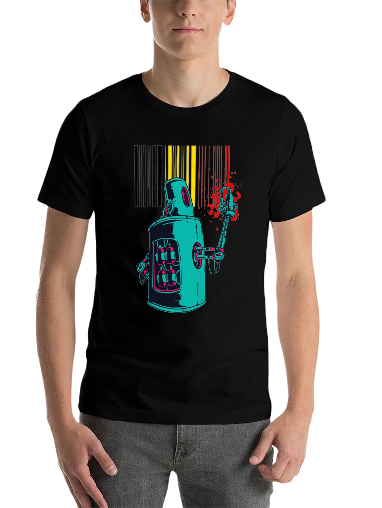 Black Retro Robot Graphic Print Black T-Shirt view 7