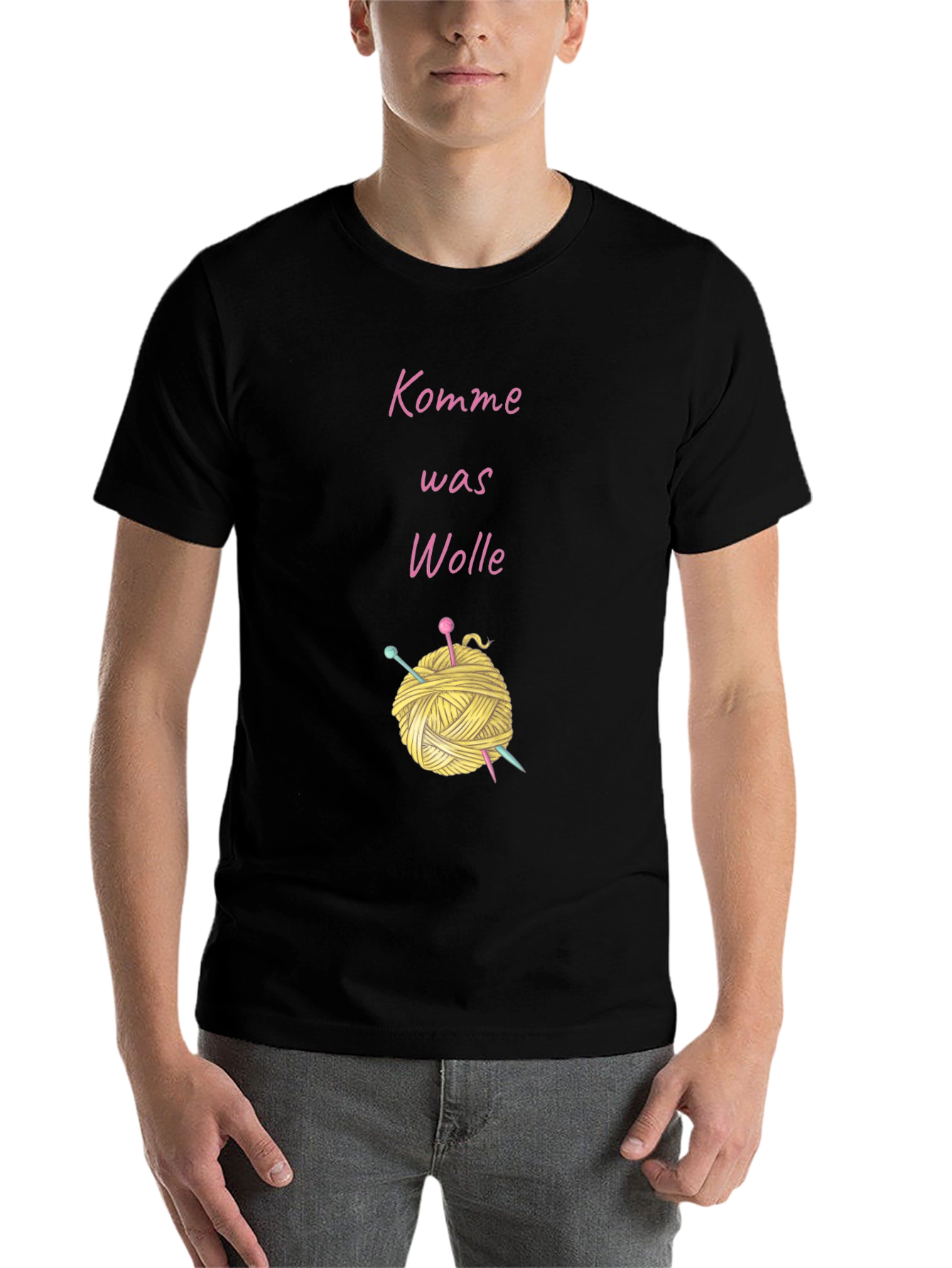 Black Knitting Lover's T-Shirt - "Komme Was Wolle" Yarn Design view 7