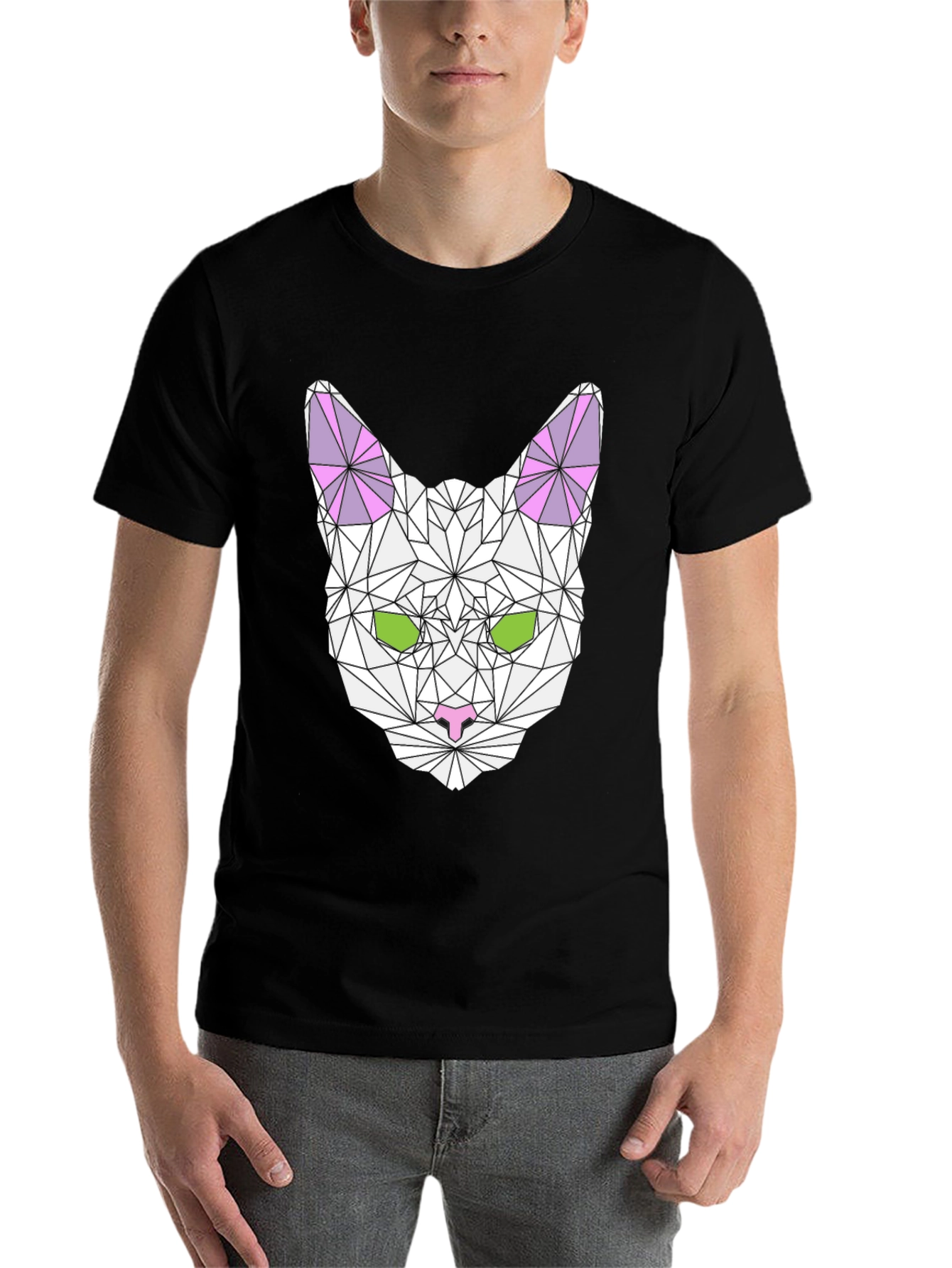 Black Geometric Cat Tee - Stylish Black T-Shirt view 7