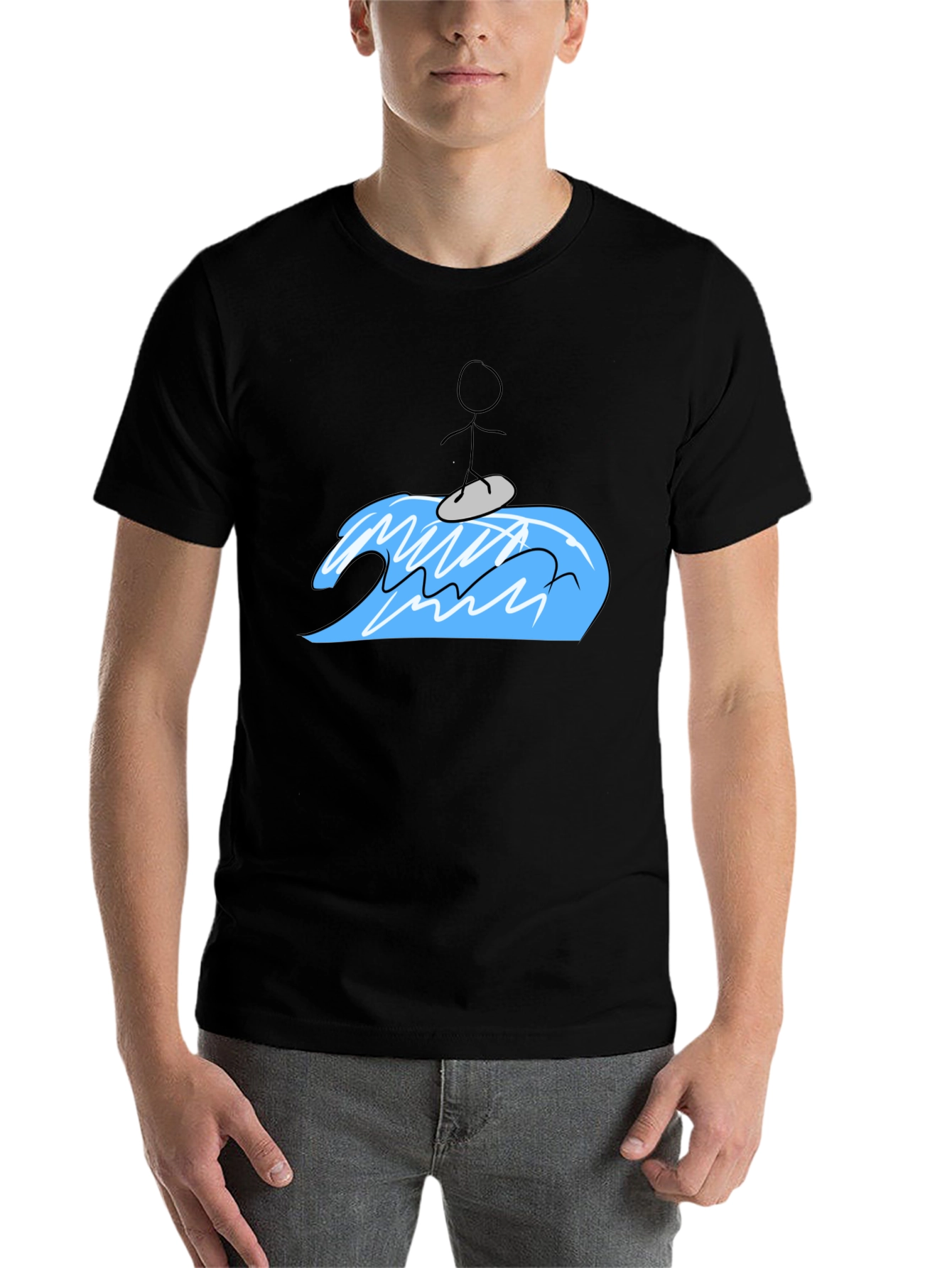 Black Surfing Stick Figure Tee - Black Cotton Graphic T-Shirt view 7