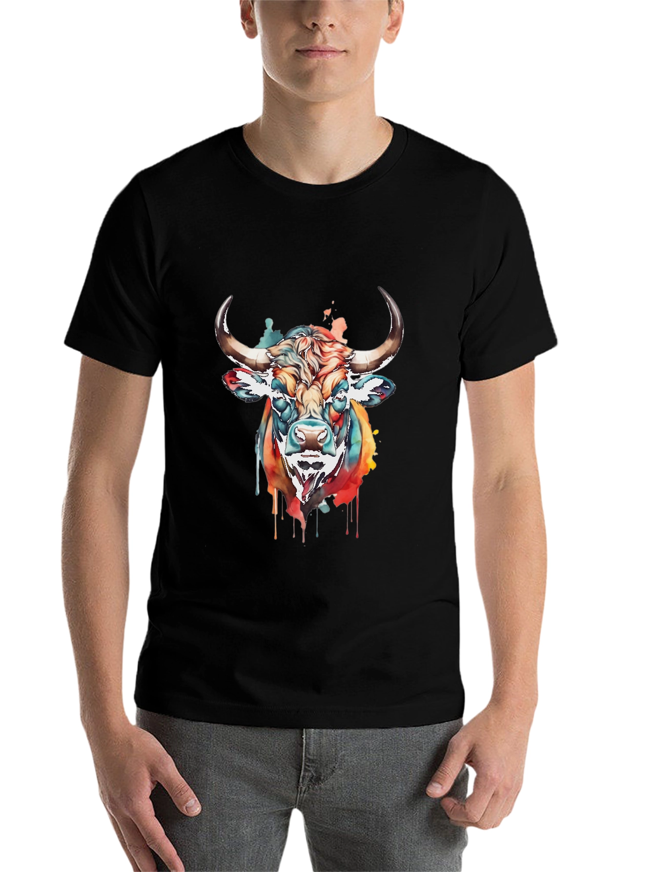 Black Colorful Bull Graphic Tee - Men's Black T-Shirt view 7