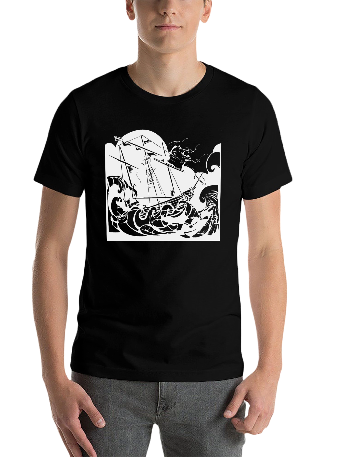 Black Nautical Ship T-Shirt Black Cotton Tee view 7
