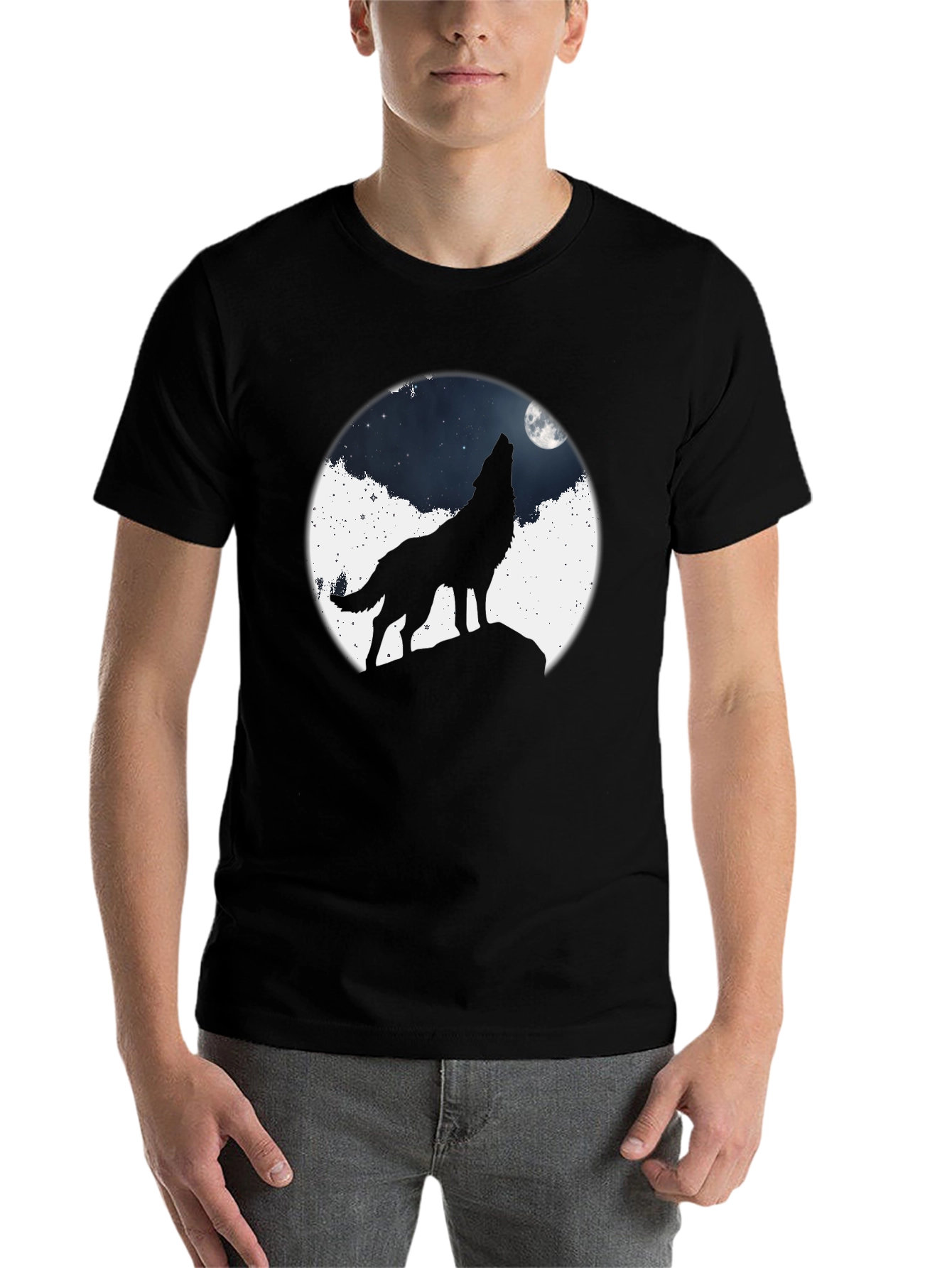 Black Wolf Howling at Moon Graphic T-Shirt view 7