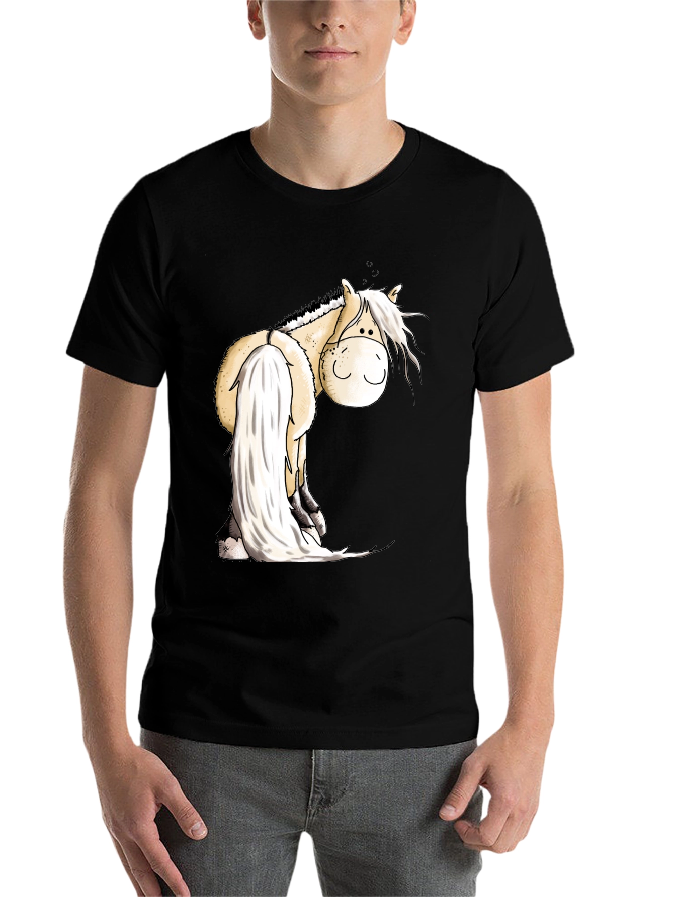 Black Cartoon Horse Graphic Tee - Soft Black Cotton Blend view 7