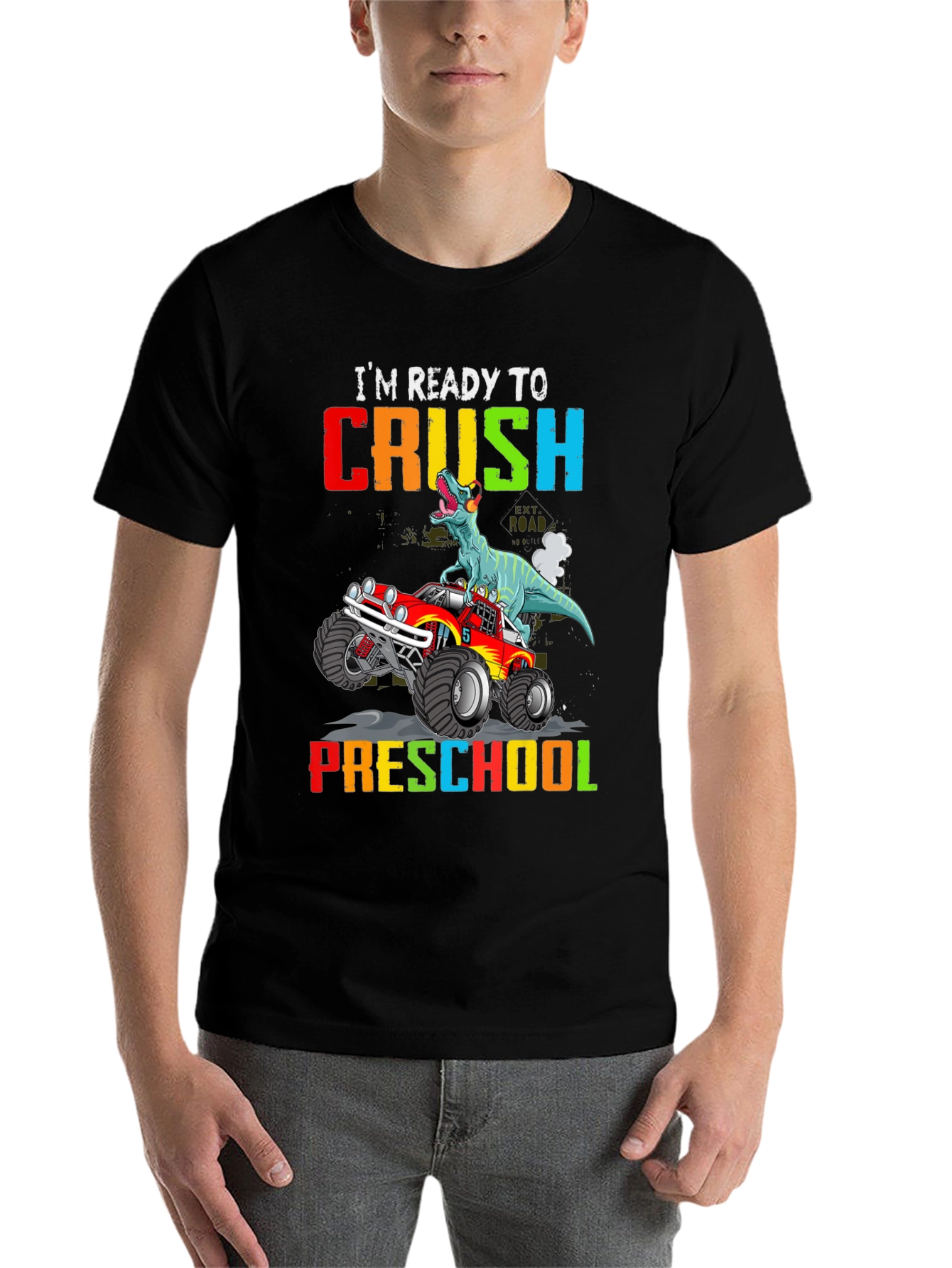 Black Ready to Crush Preschool Dinosaur Monster Truck T-Shirt view 7
