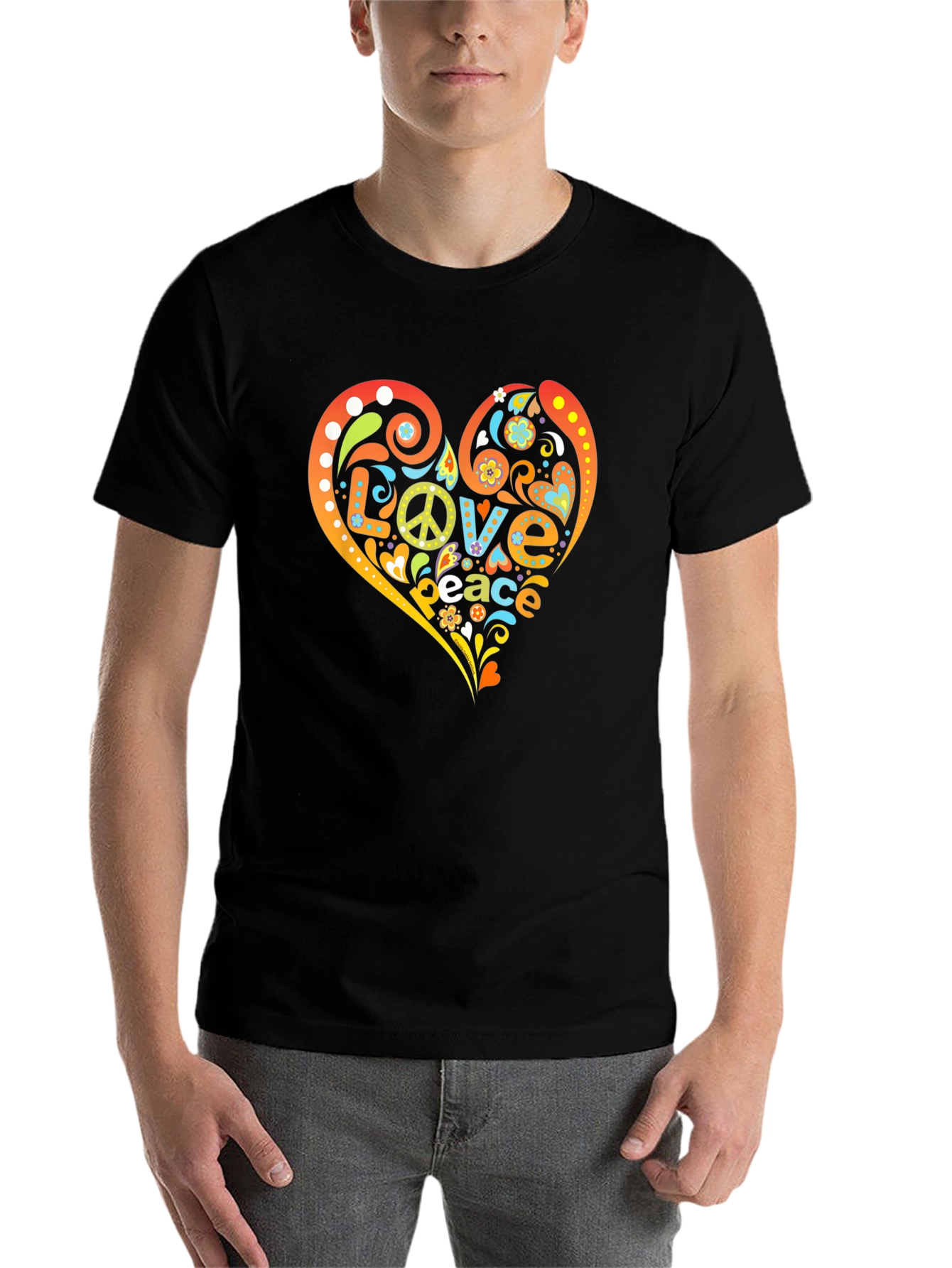 Black Peace & Love Heart Graphic T-Shirt - Retro Hippie Style view 7