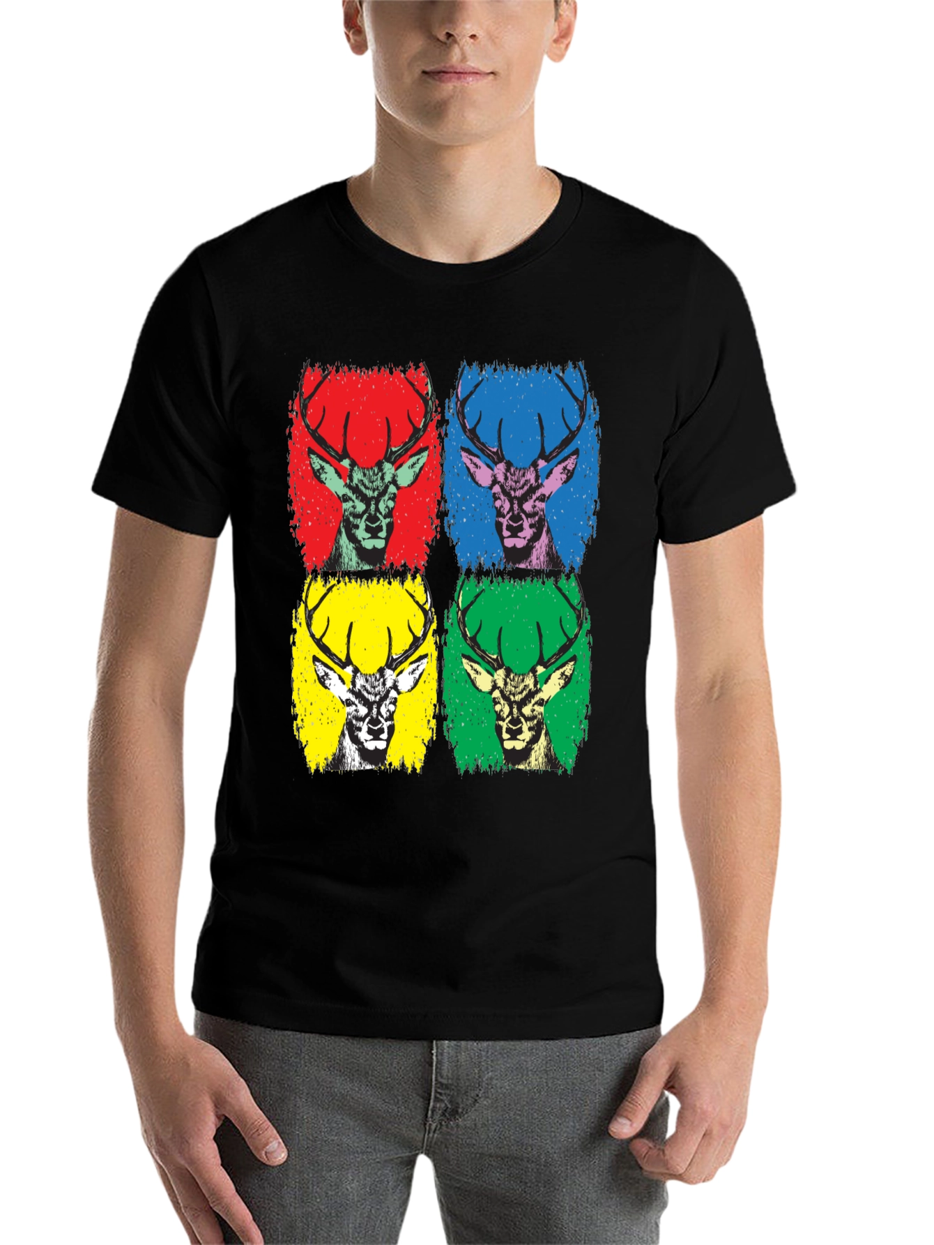 Black Pop Art Deer Graphic Tee - Black Cotton T-Shirt view 7