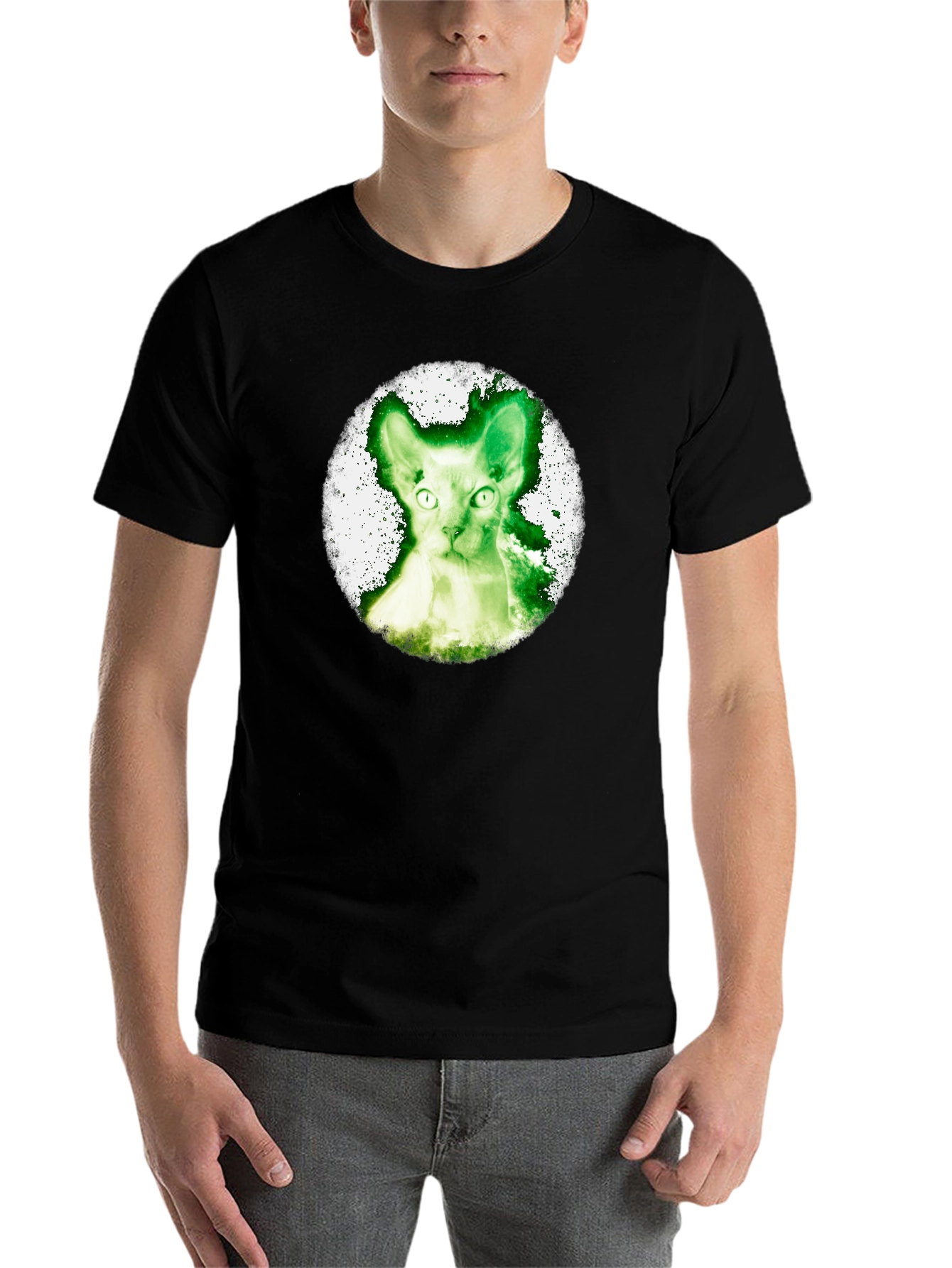 Black Green Cat Graphic Tee - Black Cotton Shirt view 7