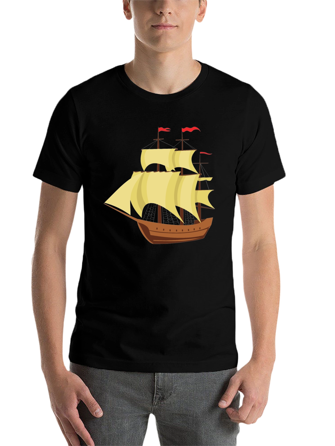 Black Vintage Sailing Ship Graphic Tee - Black Cotton T-Shirt view 7