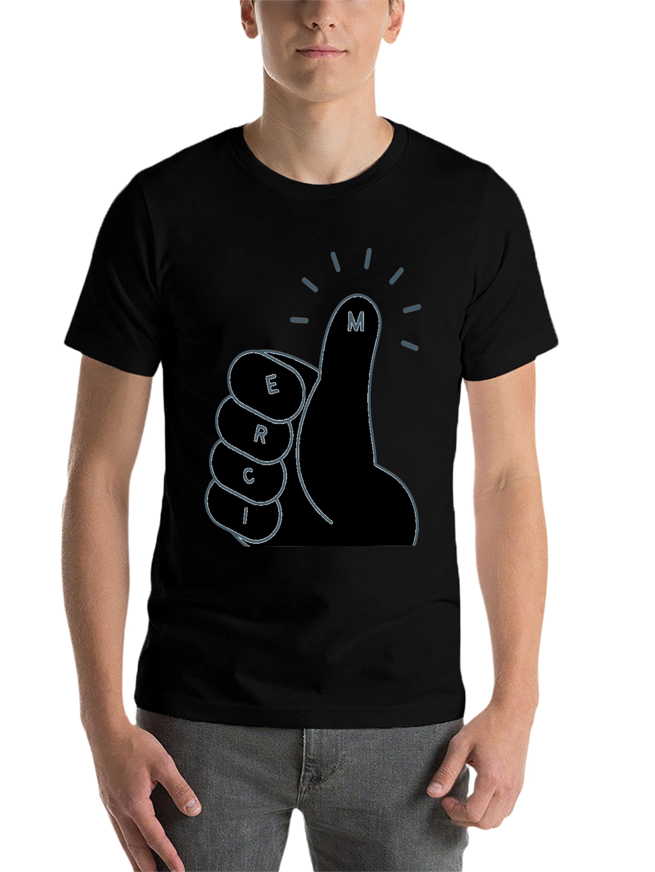 Black Merci Thumbs Up Graphic Tee - Black Cotton T-Shirt view 7