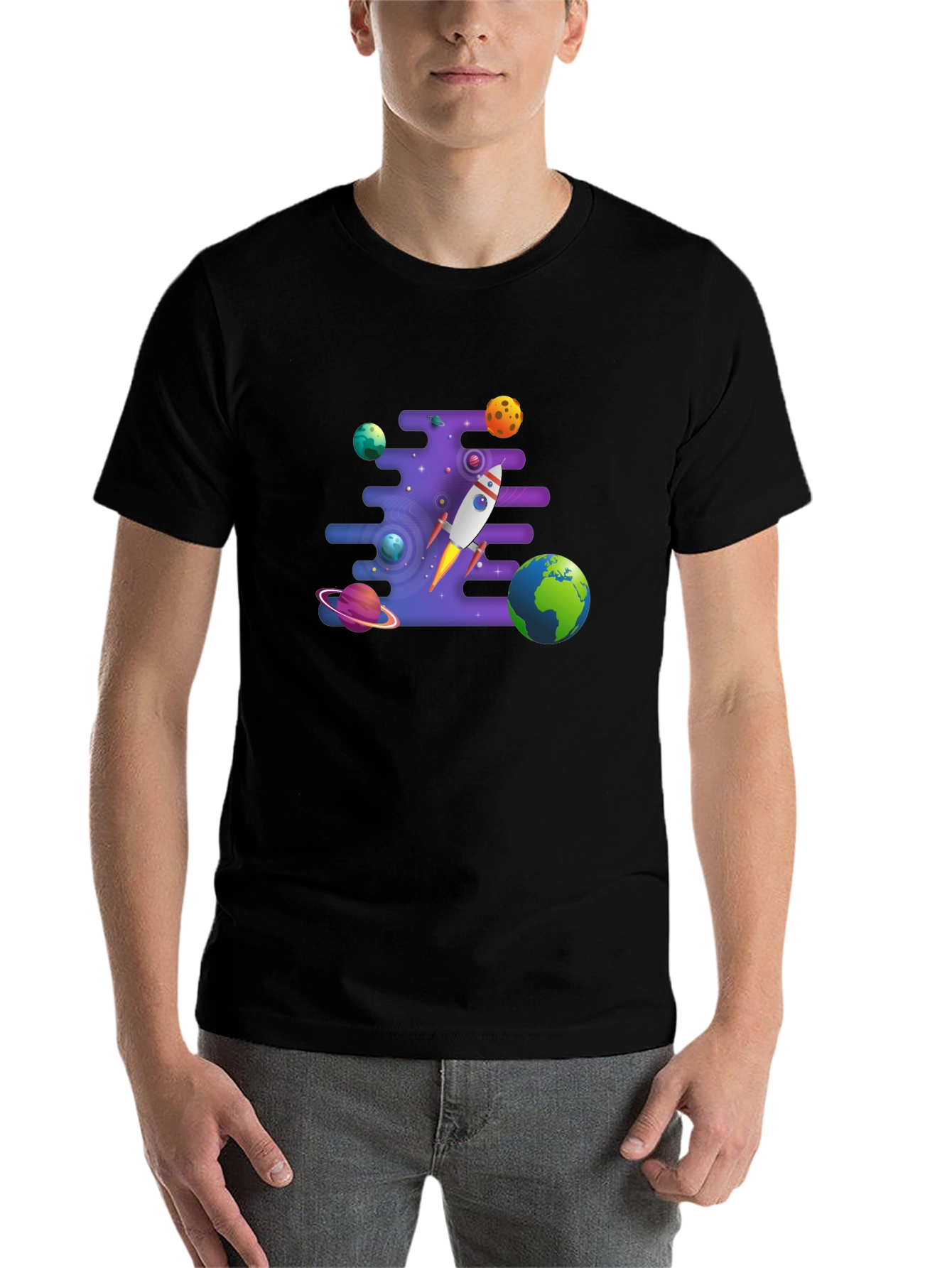 Black Space Rocket & Planets Graphic T-Shirt view 7