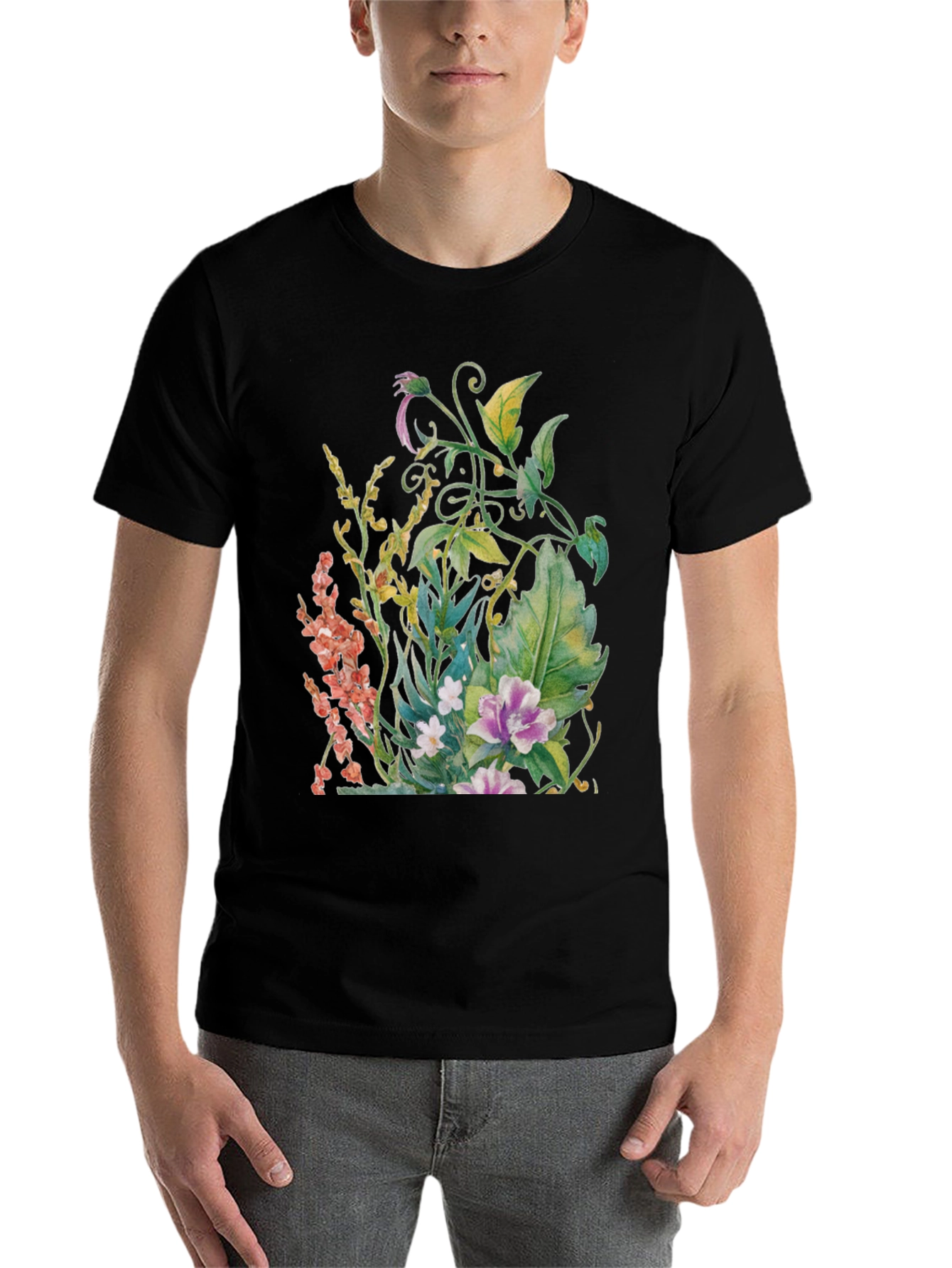 Black Floral Garden Watercolor Black T-Shirt view 7