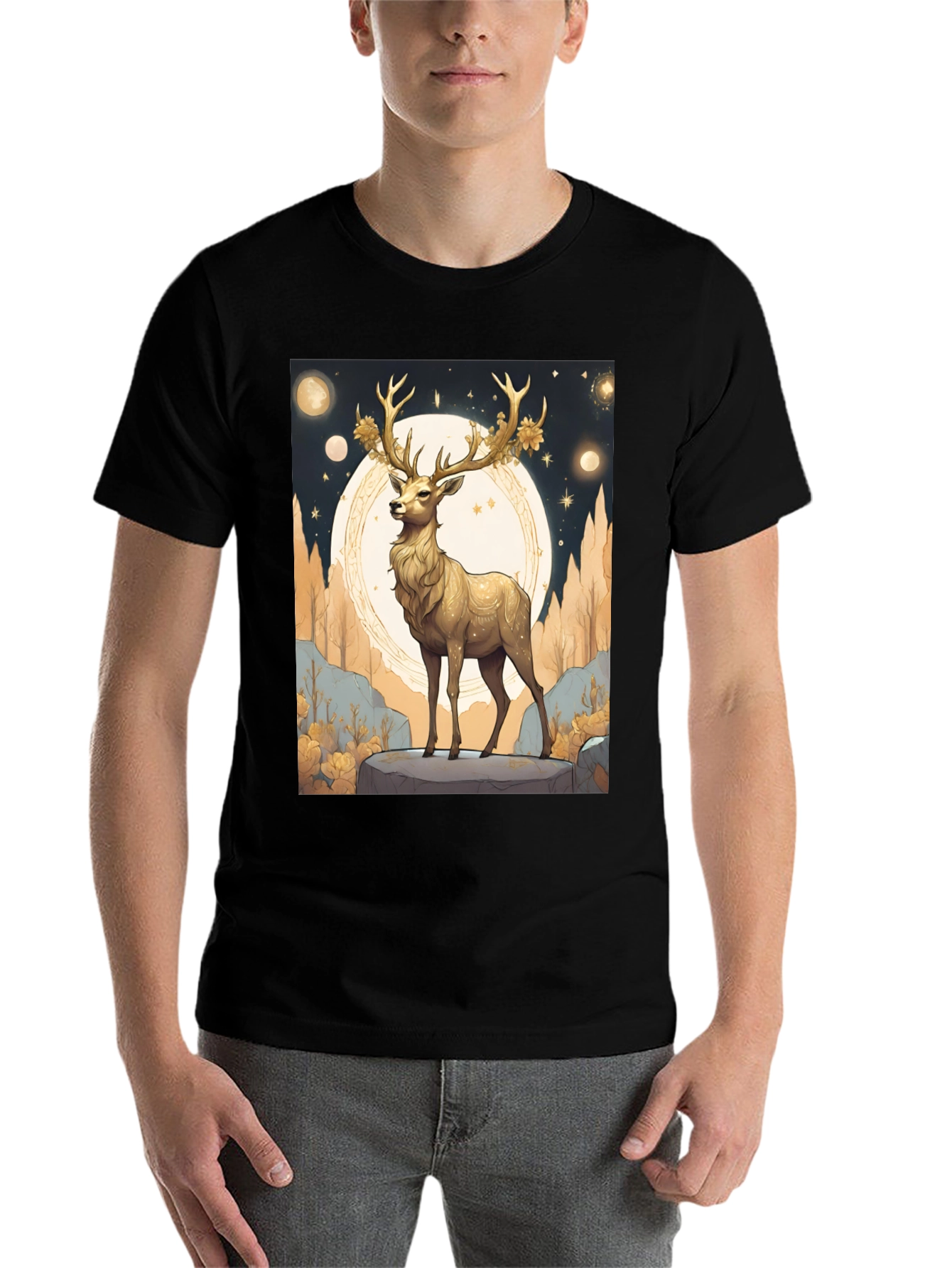Black Golden Deer Graphic Tee - Celestial Stag Design view 7