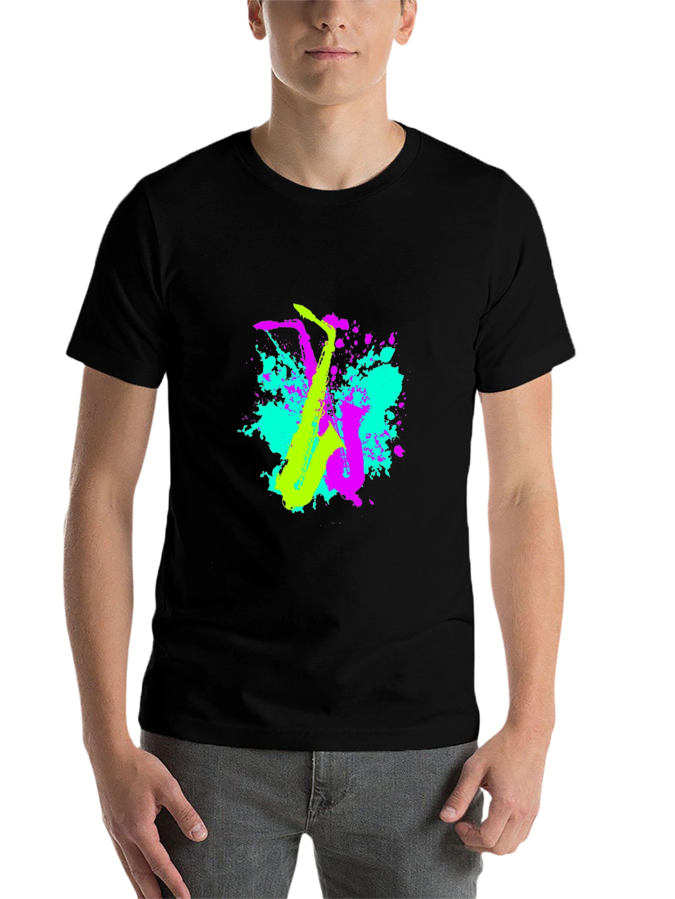 Black Neon Saxophone Graphic T-Shirt - Music Lover's Tee view 7