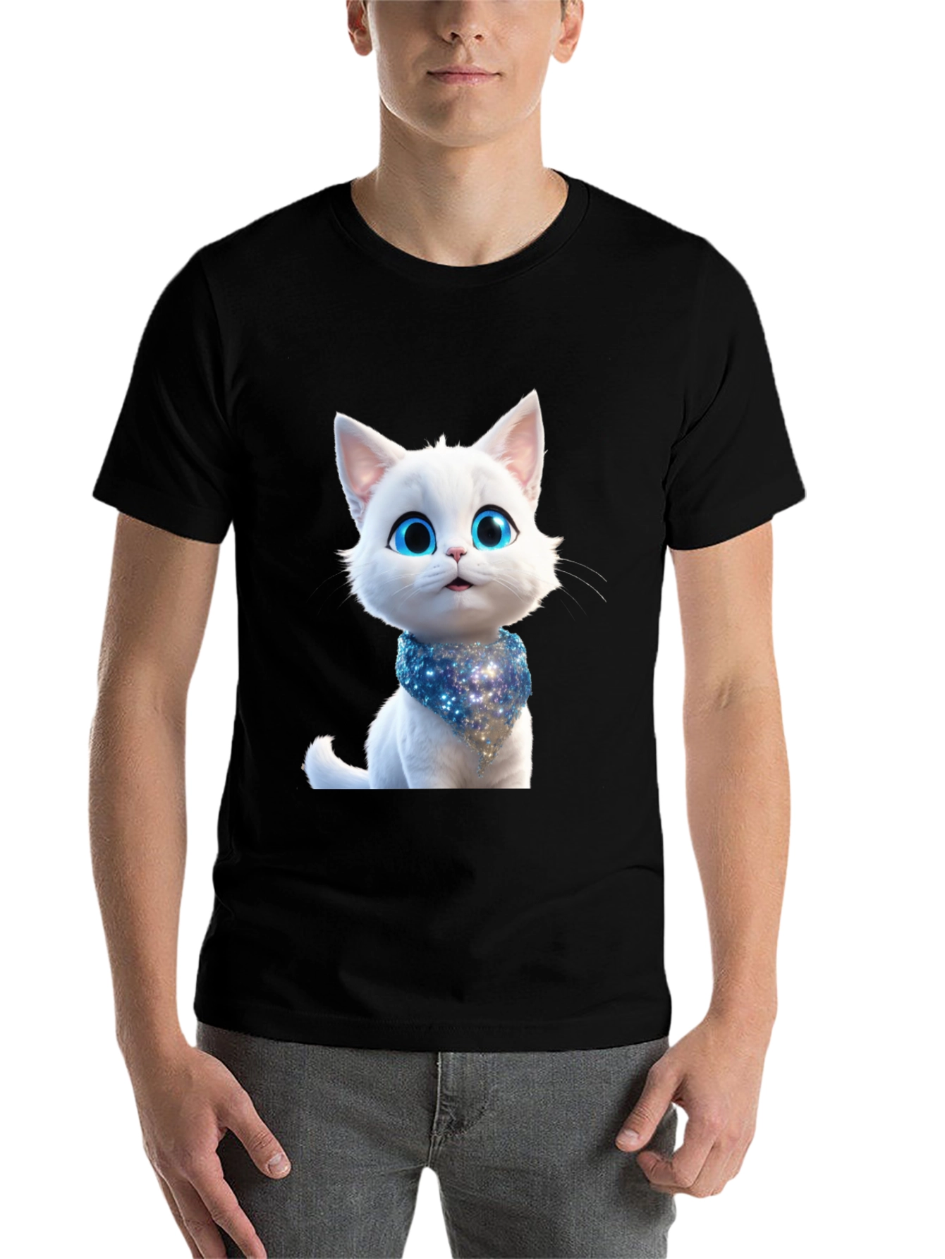 Black Cute Cartoon Cat Graphic Tee - Unisex Black T-Shirt view 7