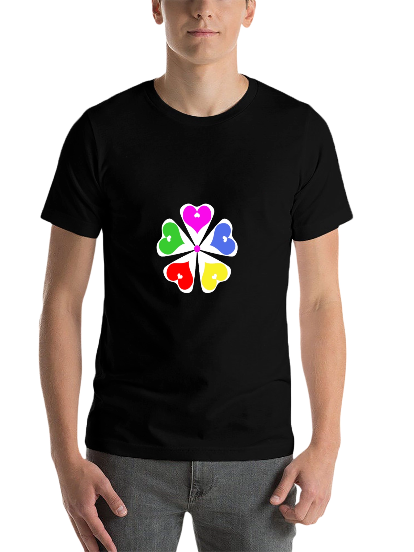 Black Colorful Hearts Flower Graphic T-Shirt - Black view 7