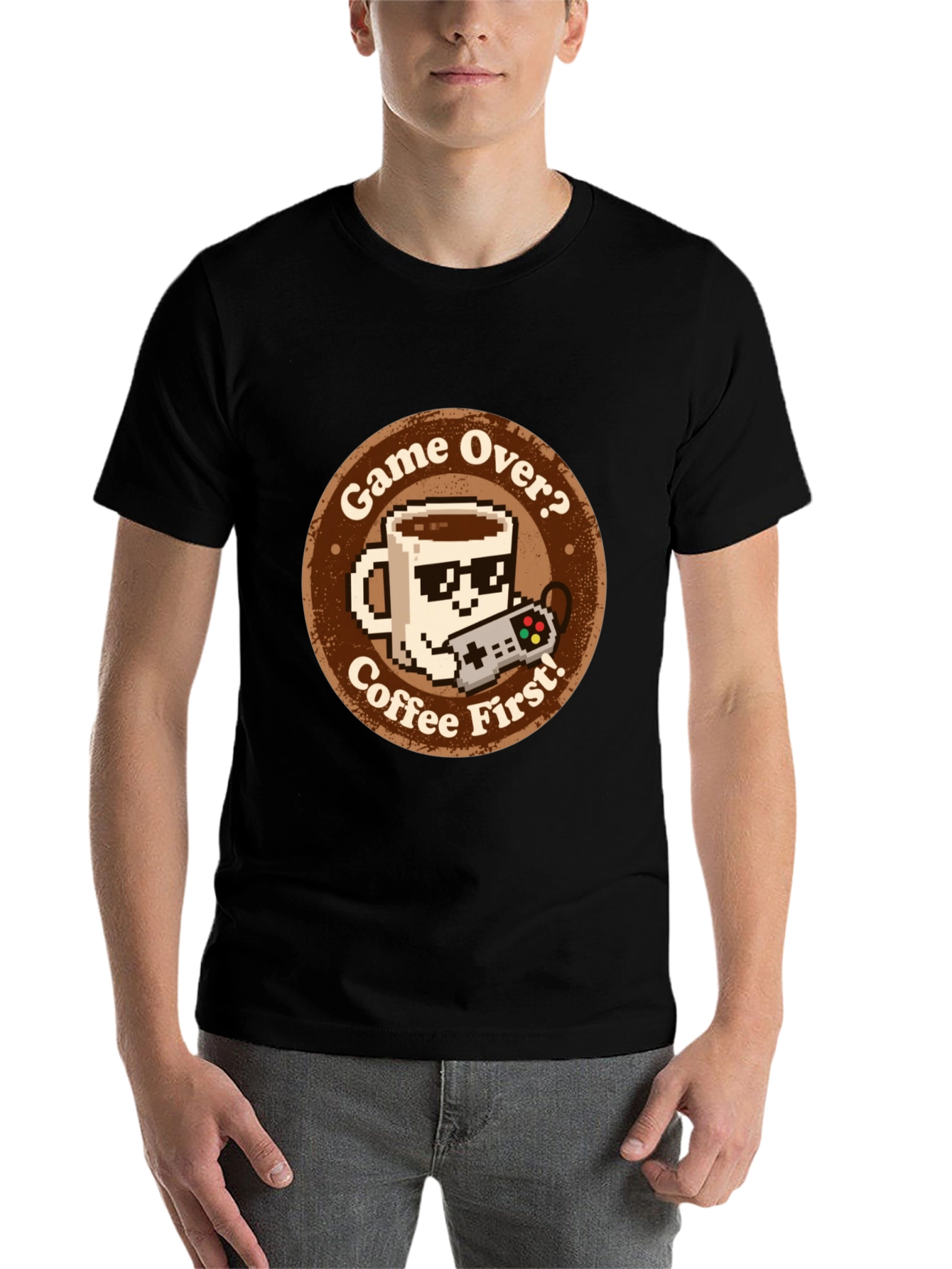 Black Game Over? Coffee First! Graphic Tee view 7